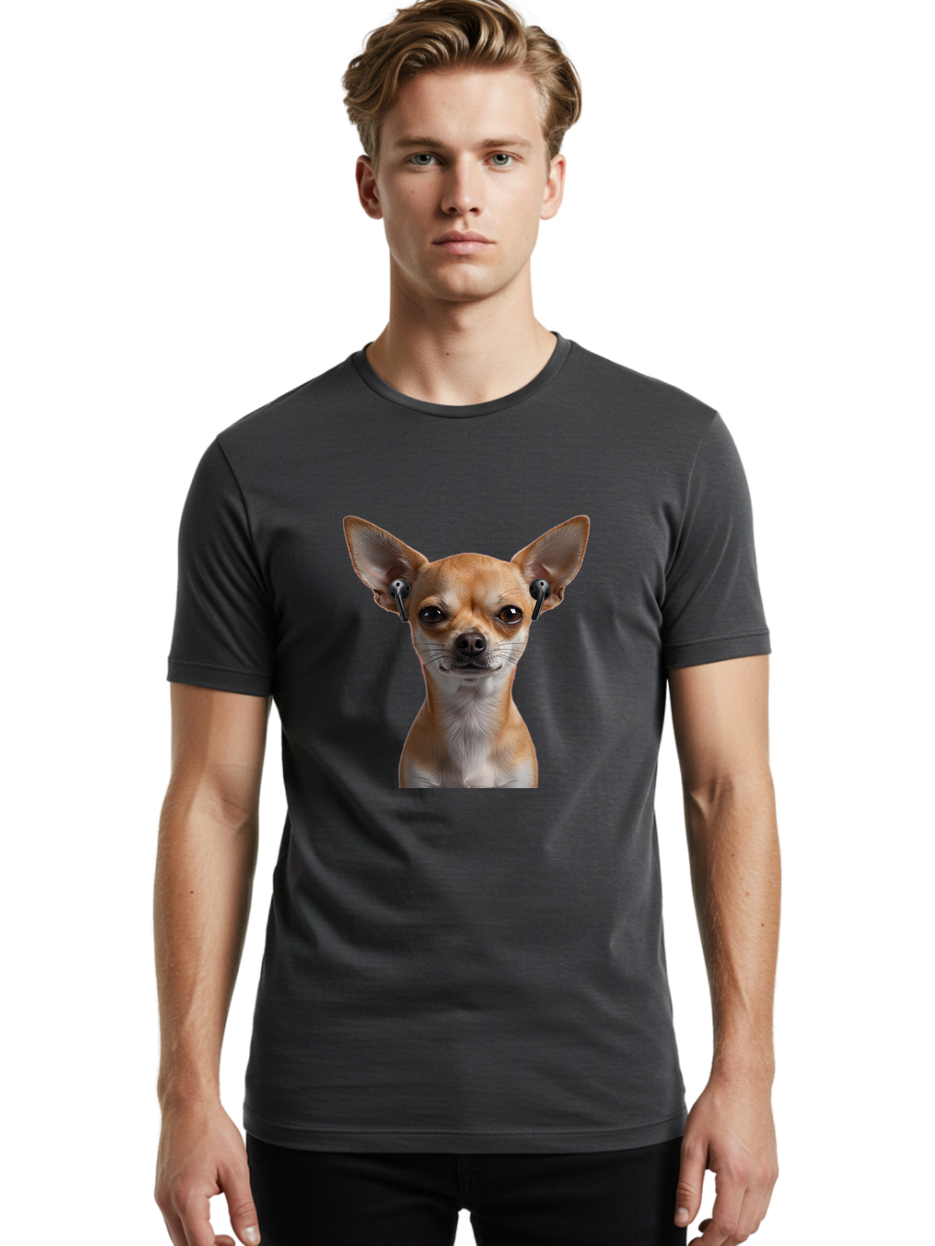 Chihuahua-With-Earbuds Men'S Graphic Tee, 100% Cotton, Comfortable Casual Summer Wear, Machine Washable, Vintage Camera, Old Camera, Antique Camera, Black Camera, Classic Photography, Photography Equipment, Nostalgic Device, Film Camera, Bah750
