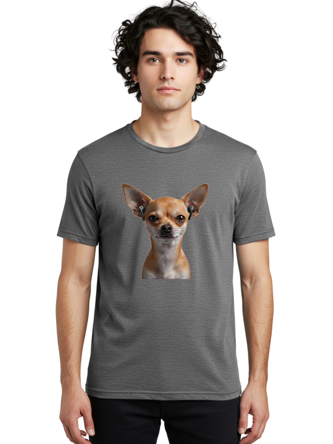Chihuahua-With-Earbuds Men'S Graphic Tee, 100% Cotton, Comfortable Casual Summer Wear, Machine Washable, Vintage Camera, Old Camera, Antique Camera, Black Camera, Classic Photography, Photography Equipment, Nostalgic Device, Film Camera, Bah750