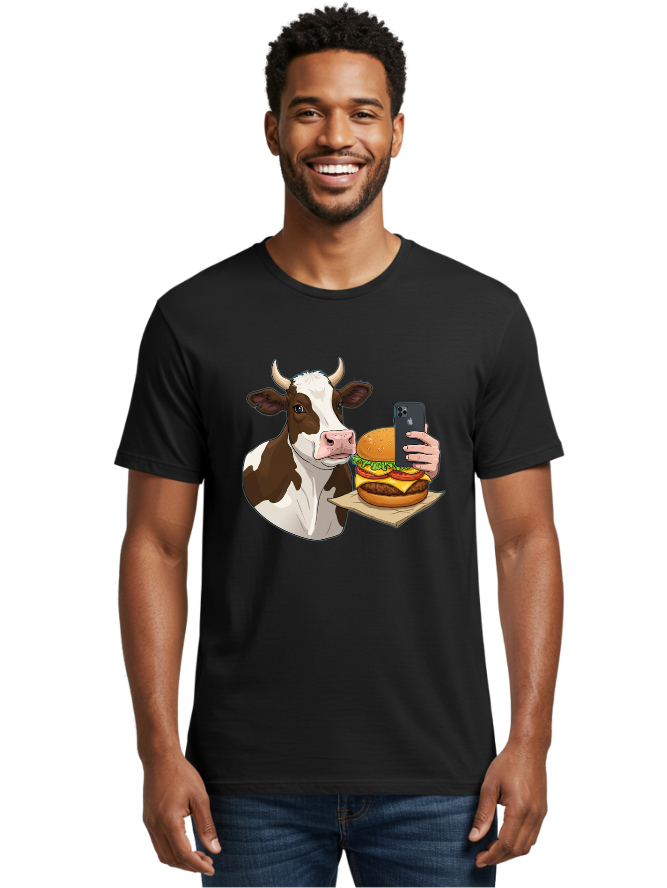 Cow-And-Burger-2 Men'S Graphic Tee, 100% Cotton, Comfortable Casual Summer Wear, Machine Washable, Vintage Camera, Old Camera, Antique Camera, Black Camera, Classic Photography, Photography Equipment, Nostalgic Device, Film Camera, Camera Art Bah789