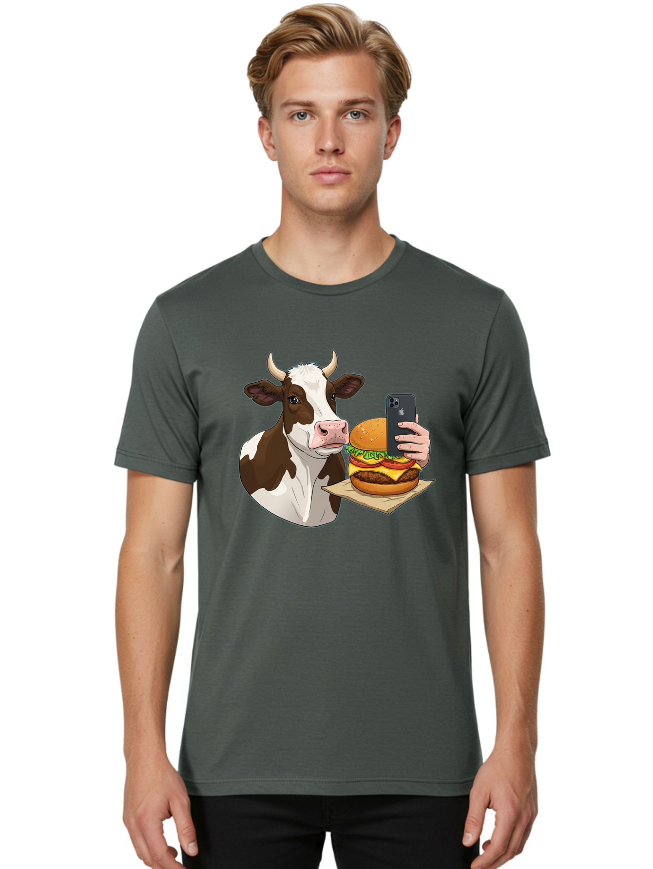 Cow-And-Burger-2 Men'S Graphic Tee, 100% Cotton, Comfortable Casual Summer Wear, Machine Washable, Vintage Camera, Old Camera, Antique Camera, Black Camera, Classic Photography, Photography Equipment, Nostalgic Device, Film Camera, Camera Art Bah789