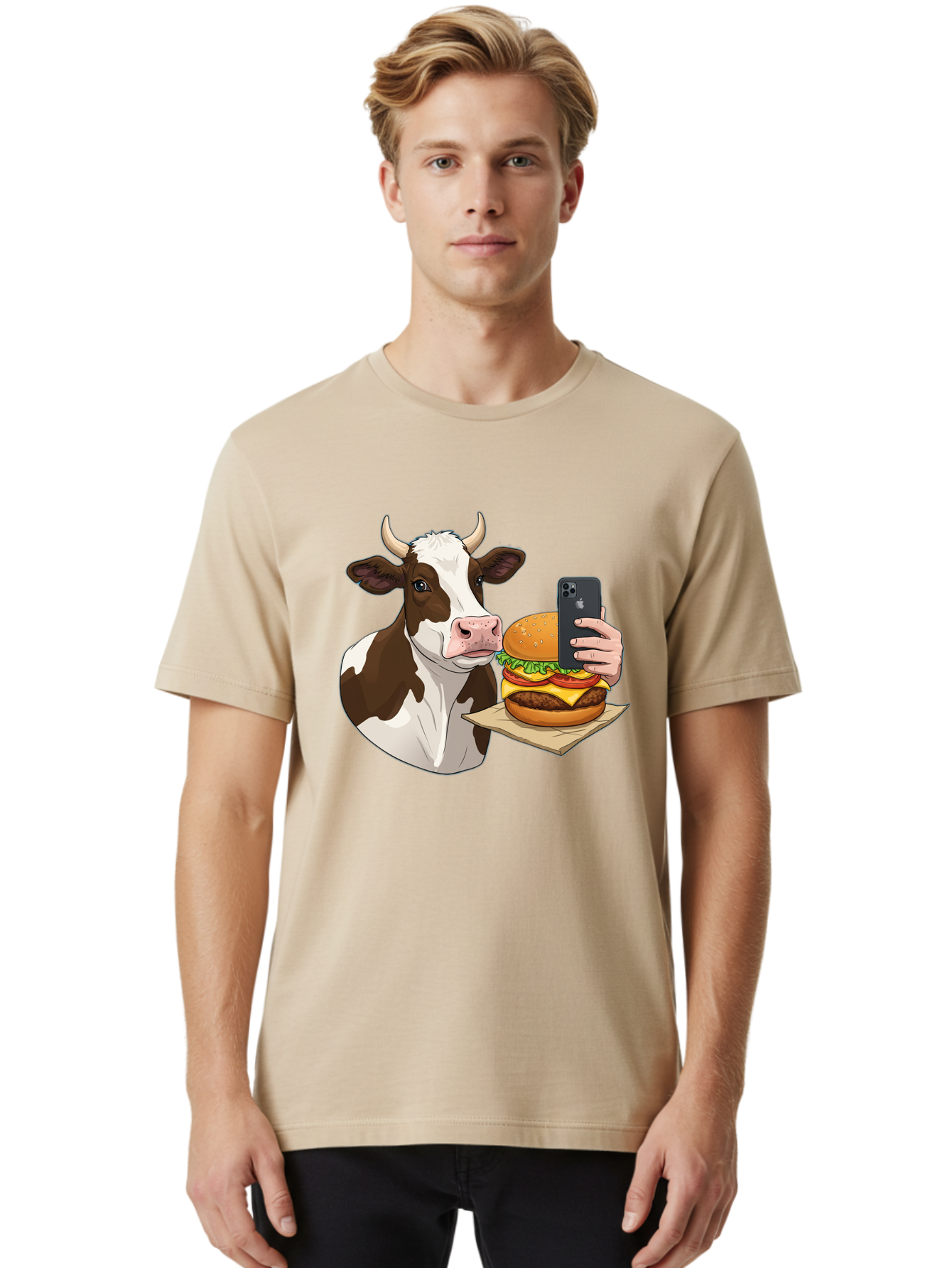 Cow-And-Burger-2 Men'S Graphic Tee, 100% Cotton, Comfortable Casual Summer Wear, Machine Washable, Vintage Camera, Old Camera, Antique Camera, Black Camera, Classic Photography, Photography Equipment, Nostalgic Device, Film Camera, Camera Art Bah789
