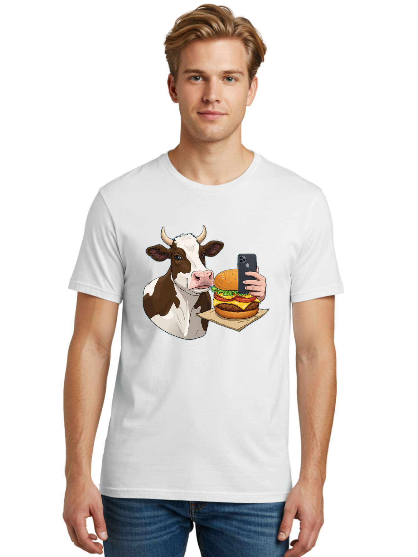 Cow-And-Burger-2 Men'S Graphic Tee, 100% Cotton, Comfortable Casual Summer Wear, Machine Washable, Vintage Camera, Old Camera, Antique Camera, Black Camera, Classic Photography, Photography Equipment, Nostalgic Device, Film Camera, Camera Art Bah789