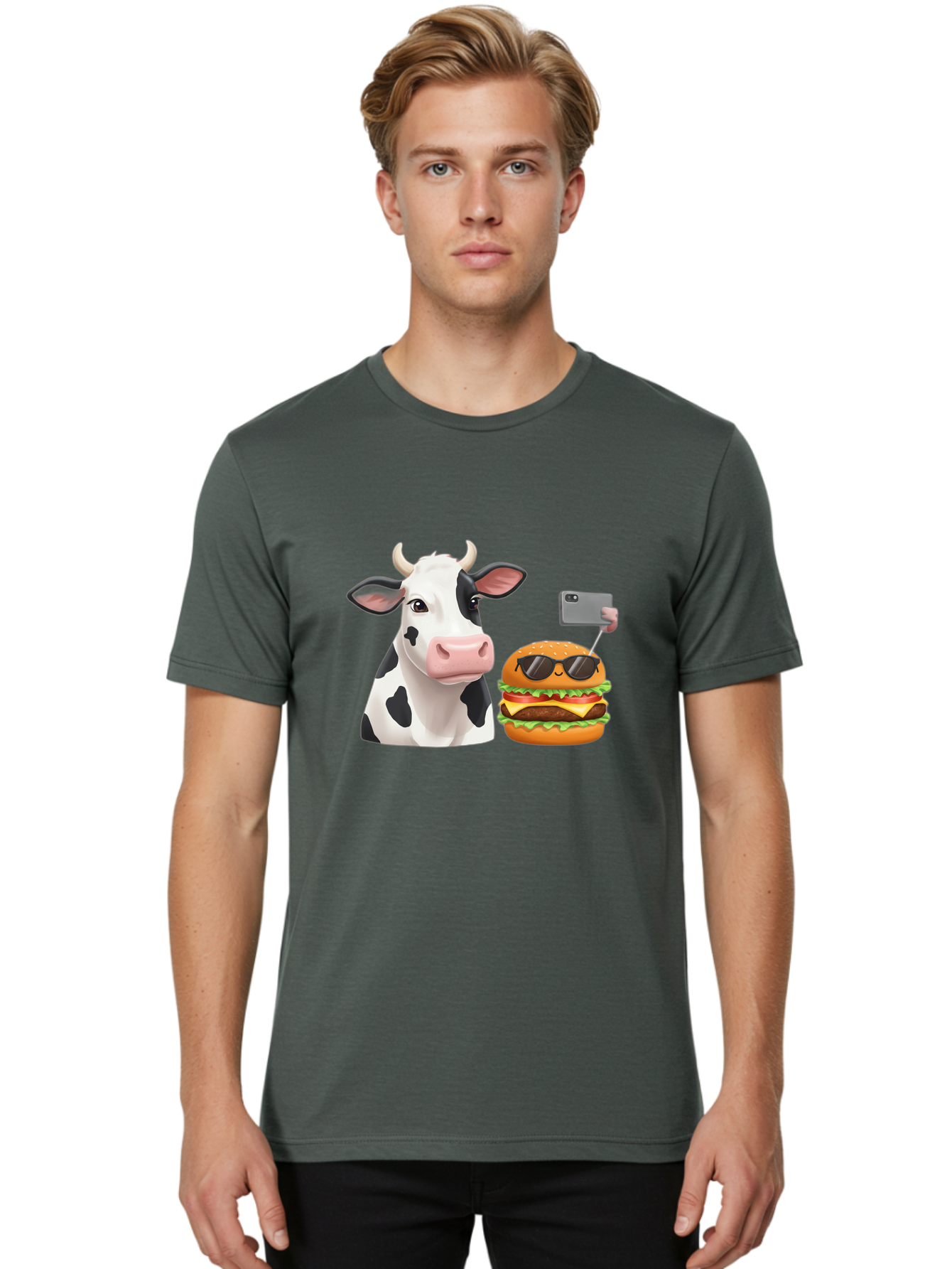 Cow-And-Burger-3 Men'S Graphic Tee, 100% Cotton, Comfortable Casual Summer Wear, Machine Washable, Vintage Camera, Old Camera, Antique Camera, Black Camera, Classic Photography, Photography Equipment, Nostalgic Device, Film Camera, Camera Art Bah790