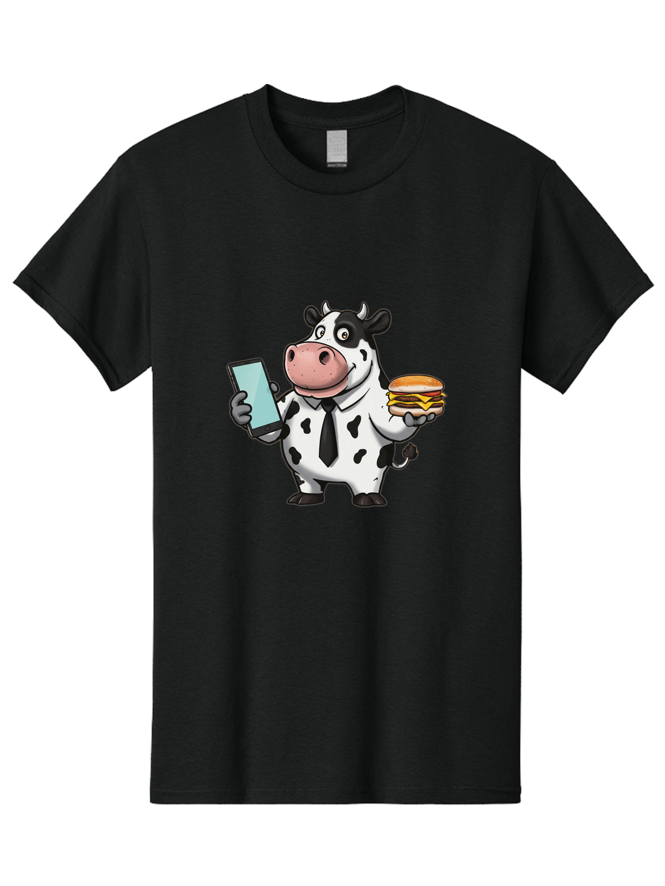 Cow-Holding-Phone-And-Burger Men'S Graphic Tee, 100% Cotton, Comfortable Casual Summer Wear, Machine Washable, Vintage Camera, Old Camera, Antique Camera, Black Camera, Classic Photography, Photography Equipment, Nostalgic Device, Film Camera, Bah799