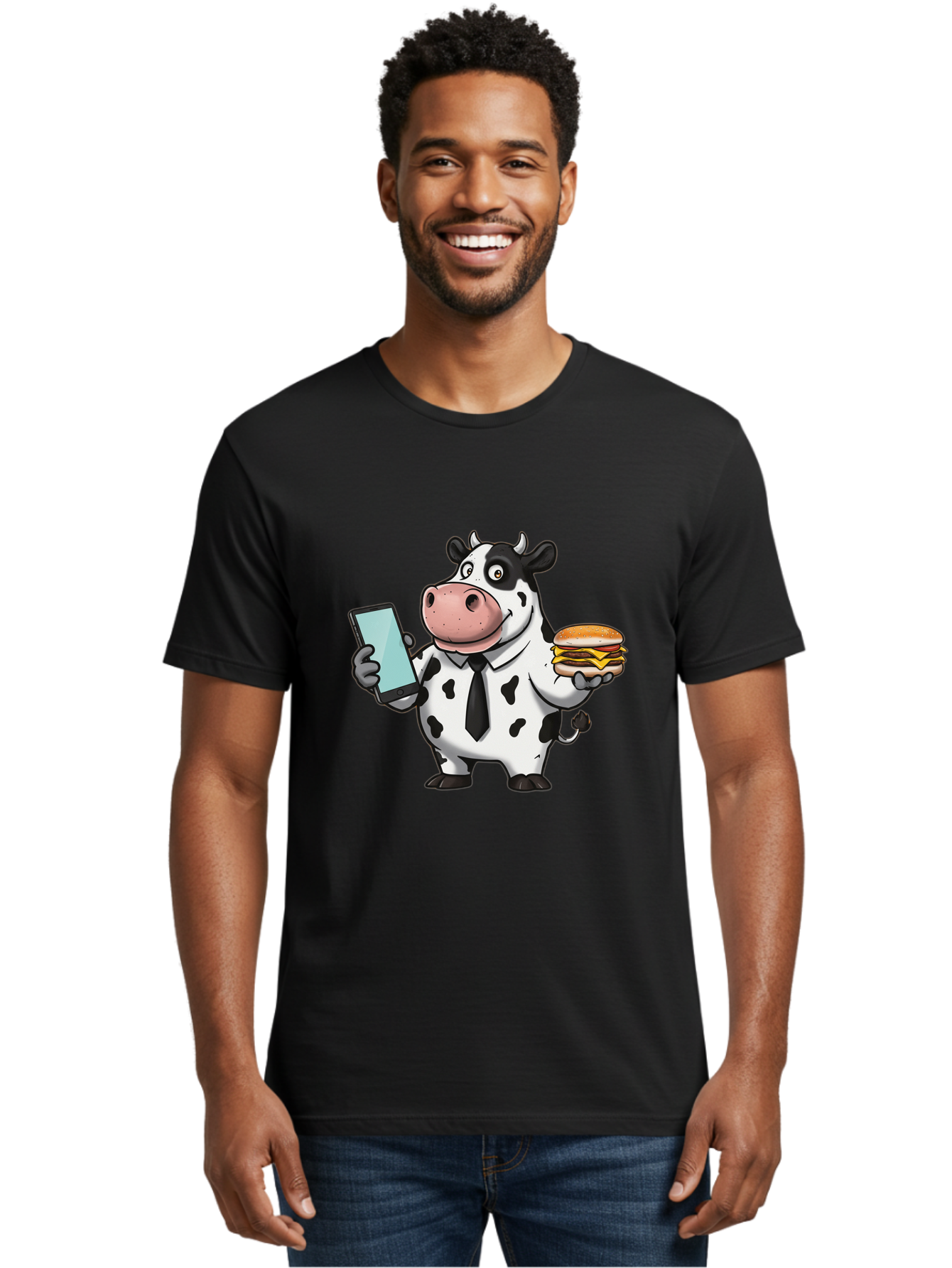 Cow-Holding-Phone-And-Burger Men'S Graphic Tee, 100% Cotton, Comfortable Casual Summer Wear, Machine Washable, Vintage Camera, Old Camera, Antique Camera, Black Camera, Classic Photography, Photography Equipment, Nostalgic Device, Film Camera, Bah799