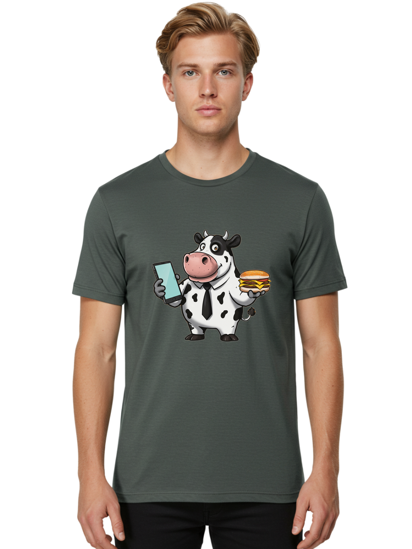 Cow-Holding-Phone-And-Burger Men'S Graphic Tee, 100% Cotton, Comfortable Casual Summer Wear, Machine Washable, Vintage Camera, Old Camera, Antique Camera, Black Camera, Classic Photography, Photography Equipment, Nostalgic Device, Film Camera, Bah799
