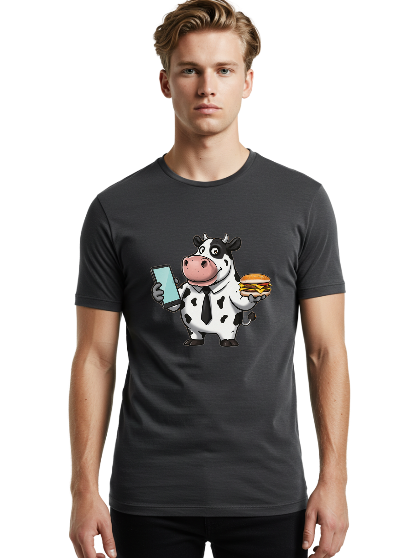 Cow-Holding-Phone-And-Burger Men'S Graphic Tee, 100% Cotton, Comfortable Casual Summer Wear, Machine Washable, Vintage Camera, Old Camera, Antique Camera, Black Camera, Classic Photography, Photography Equipment, Nostalgic Device, Film Camera, Bah799