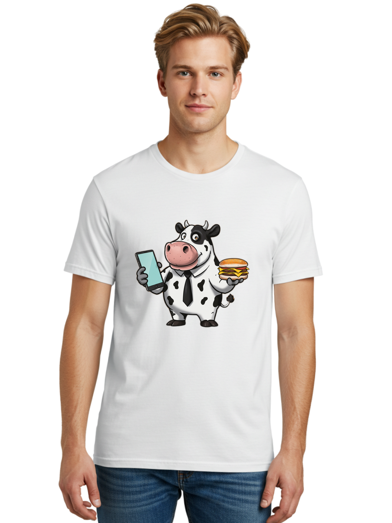 Cow-Holding-Phone-And-Burger Men'S Graphic Tee, 100% Cotton, Comfortable Casual Summer Wear, Machine Washable, Vintage Camera, Old Camera, Antique Camera, Black Camera, Classic Photography, Photography Equipment, Nostalgic Device, Film Camera, Bah799