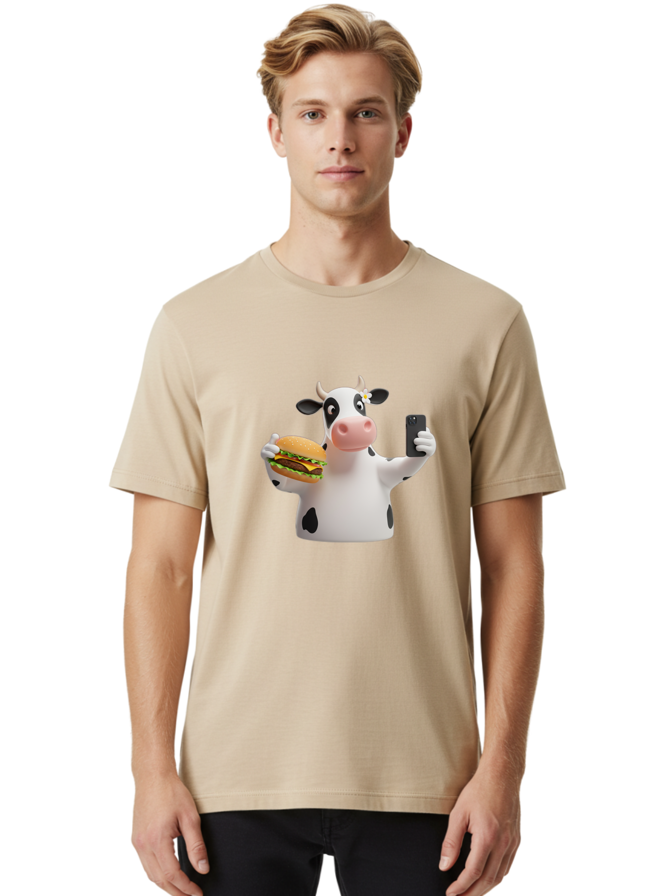 Cow-Selfie-1 Men'S Graphic Tee, 100% Cotton, Comfortable Casual Summer Wear, Machine Washable, Vintage Camera, Old Camera, Antique Camera, Black Camera, Classic Photography, Photography Equipment, Nostalgic Device, Film Camera, Camera Art Bah802