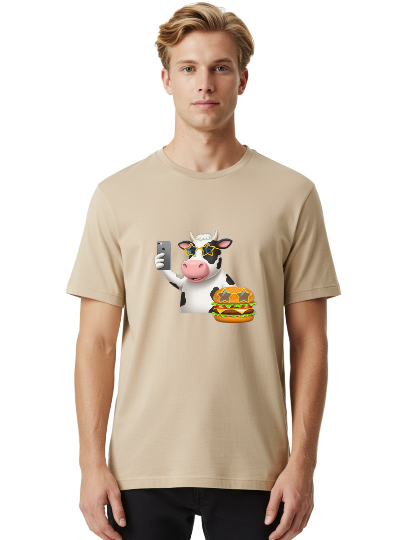 Cow-Selfie-2 Men'S Graphic Tee, 100% Cotton, Comfortable Casual Summer Wear, Machine Washable, Vintage Camera, Old Camera, Antique Camera, Black Camera, Classic Photography, Photography Equipment, Nostalgic Device, Film Camera, Camera Art Bah803