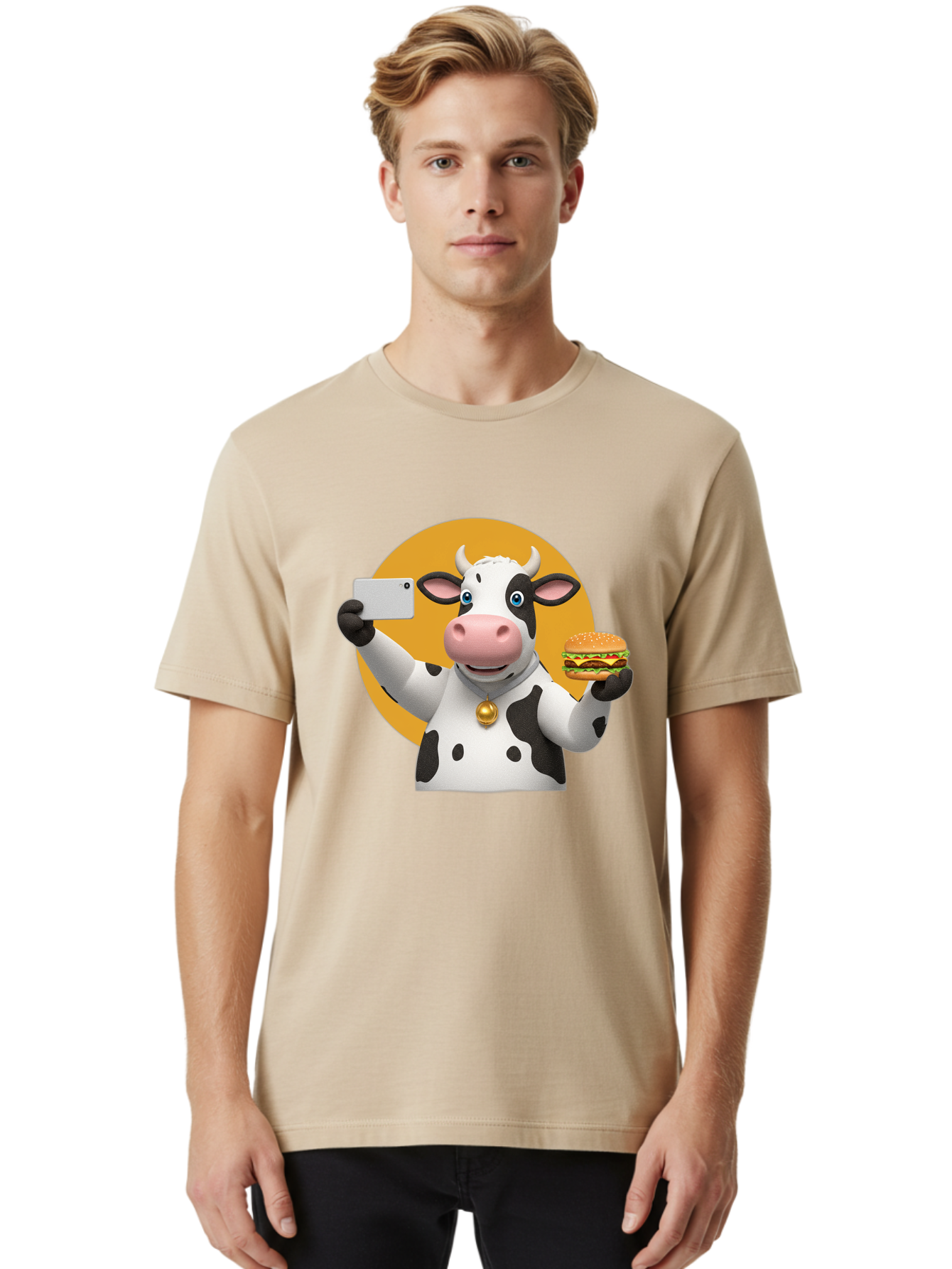 Cow-Selfie-Burger-1 Men'S Graphic Tee, 100% Cotton, Comfortable Casual Summer Wear, Machine Washable, Vintage Camera, Old Camera, Antique Camera, Black Camera, Classic Photography, Photography Equipment, Nostalgic Device, Film Camera, Bah806
