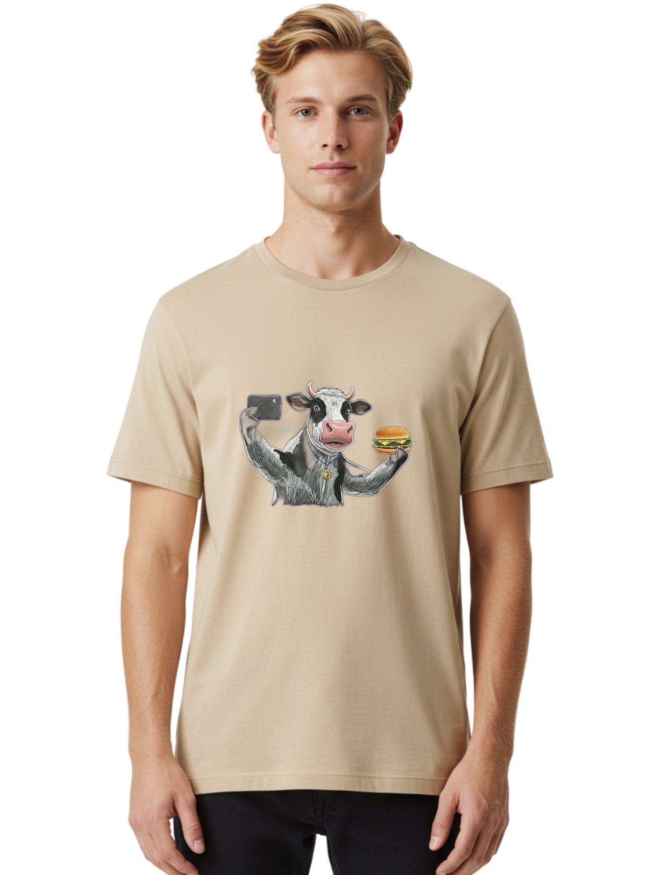 Cow-Selfie-Burger-2 Men'S Graphic Tee, 100% Cotton, Comfortable Casual Summer Wear, Machine Washable, Vintage Camera, Old Camera, Antique Camera, Black Camera, Classic Photography, Photography Equipment, Nostalgic Device, Film Camera, Bah807