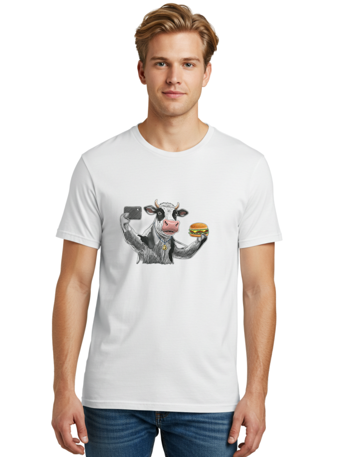 Cow-Selfie-Burger-2 Men'S Graphic Tee, 100% Cotton, Comfortable Casual Summer Wear, Machine Washable, Vintage Camera, Old Camera, Antique Camera, Black Camera, Classic Photography, Photography Equipment, Nostalgic Device, Film Camera, Bah807