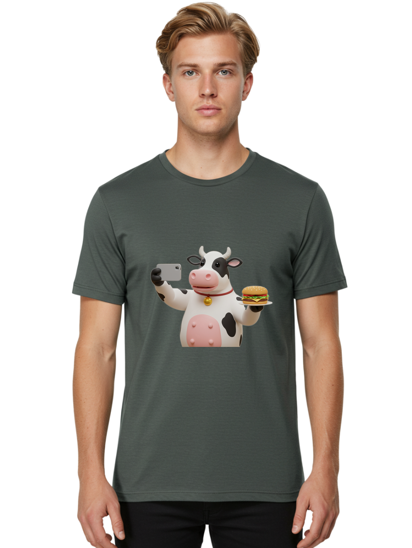 Cow-Taking-Selfie-With-Burger-1 Men'S Graphic Tee, 100% Cotton, Comfortable Casual Summer Wear, Machine Washable, Vintage Camera, Old Camera, Antique Camera, Black Camera, Classic Photography, Photography Equipment, Nostalgic Device, Bah812