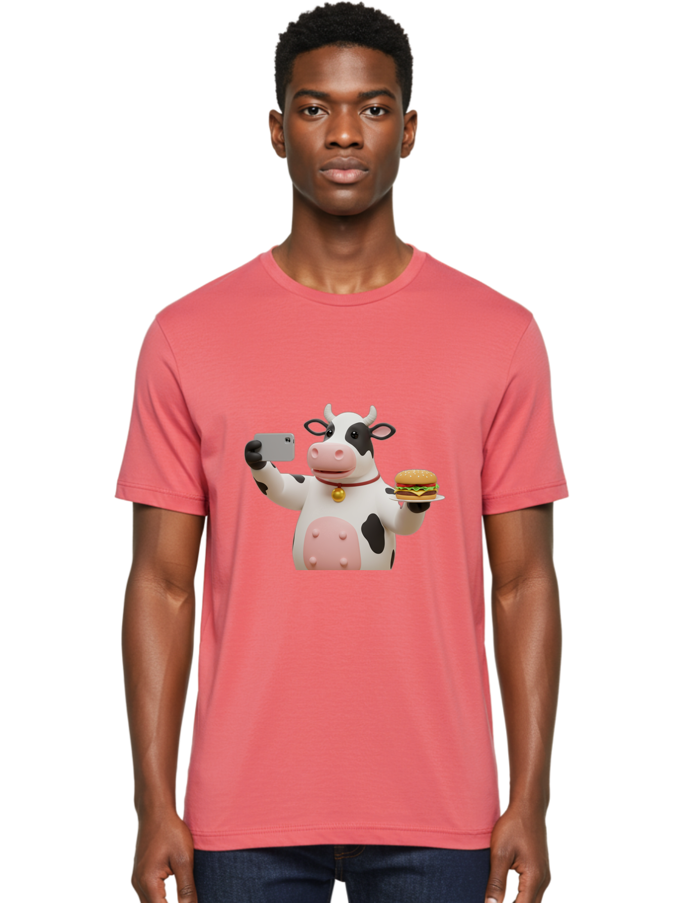 Cow-Taking-Selfie-With-Burger-1 Men'S Graphic Tee, 100% Cotton, Comfortable Casual Summer Wear, Machine Washable, Vintage Camera, Old Camera, Antique Camera, Black Camera, Classic Photography, Photography Equipment, Nostalgic Device, Bah812