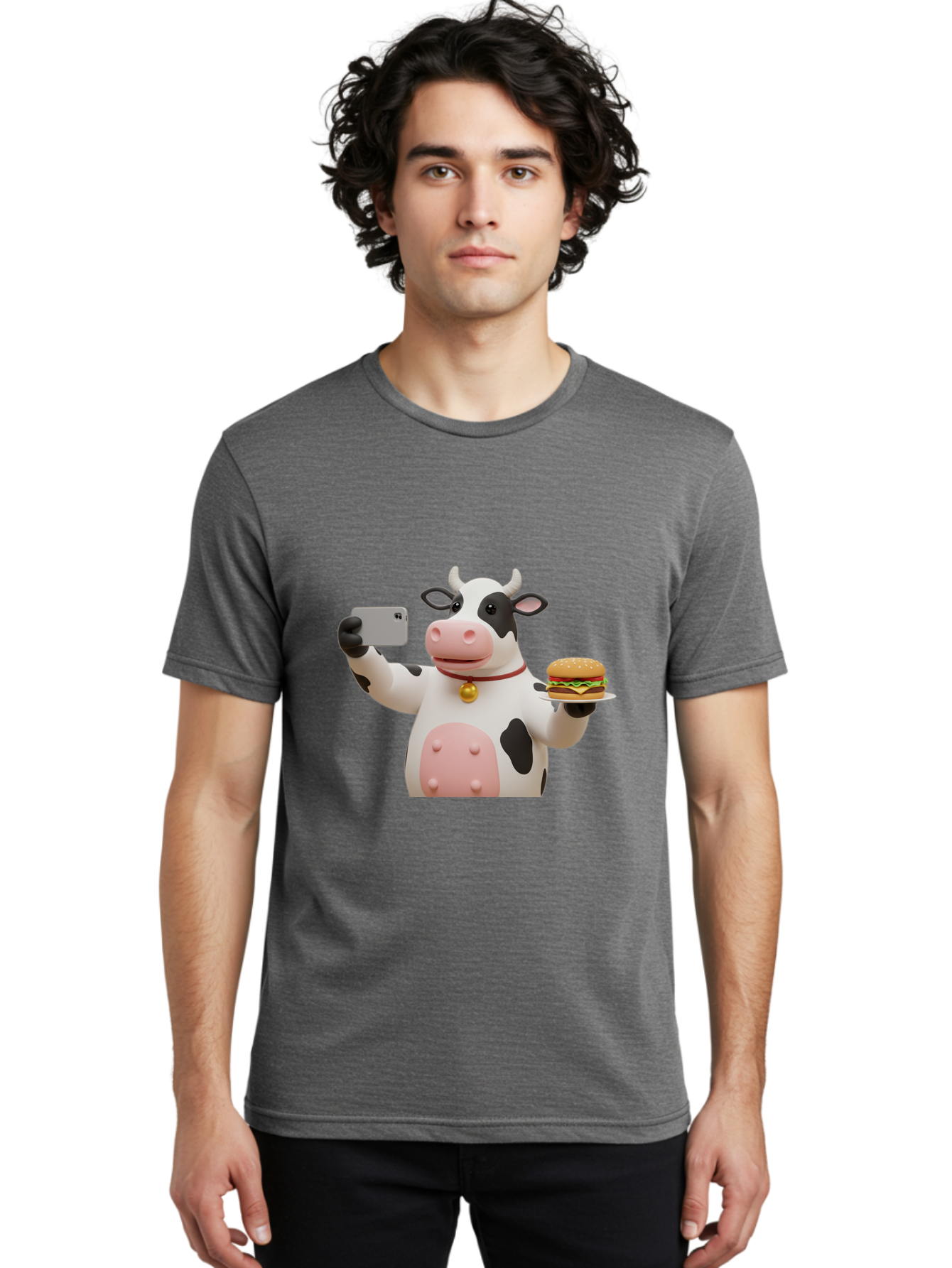 Cow-Taking-Selfie-With-Burger-1 Men'S Graphic Tee, 100% Cotton, Comfortable Casual Summer Wear, Machine Washable, Vintage Camera, Old Camera, Antique Camera, Black Camera, Classic Photography, Photography Equipment, Nostalgic Device, Bah812
