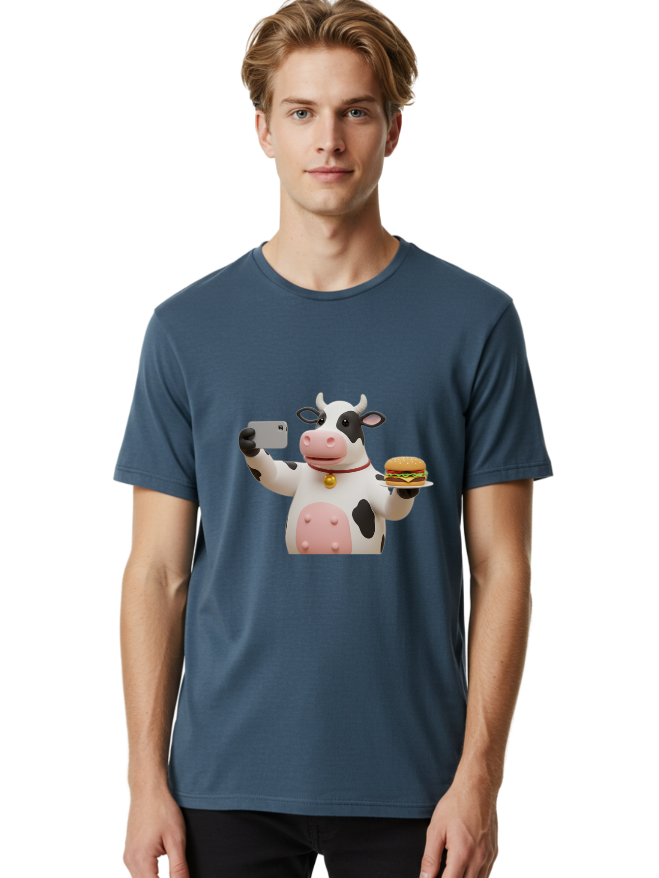 Cow-Taking-Selfie-With-Burger-1 Men'S Graphic Tee, 100% Cotton, Comfortable Casual Summer Wear, Machine Washable, Vintage Camera, Old Camera, Antique Camera, Black Camera, Classic Photography, Photography Equipment, Nostalgic Device, Bah812