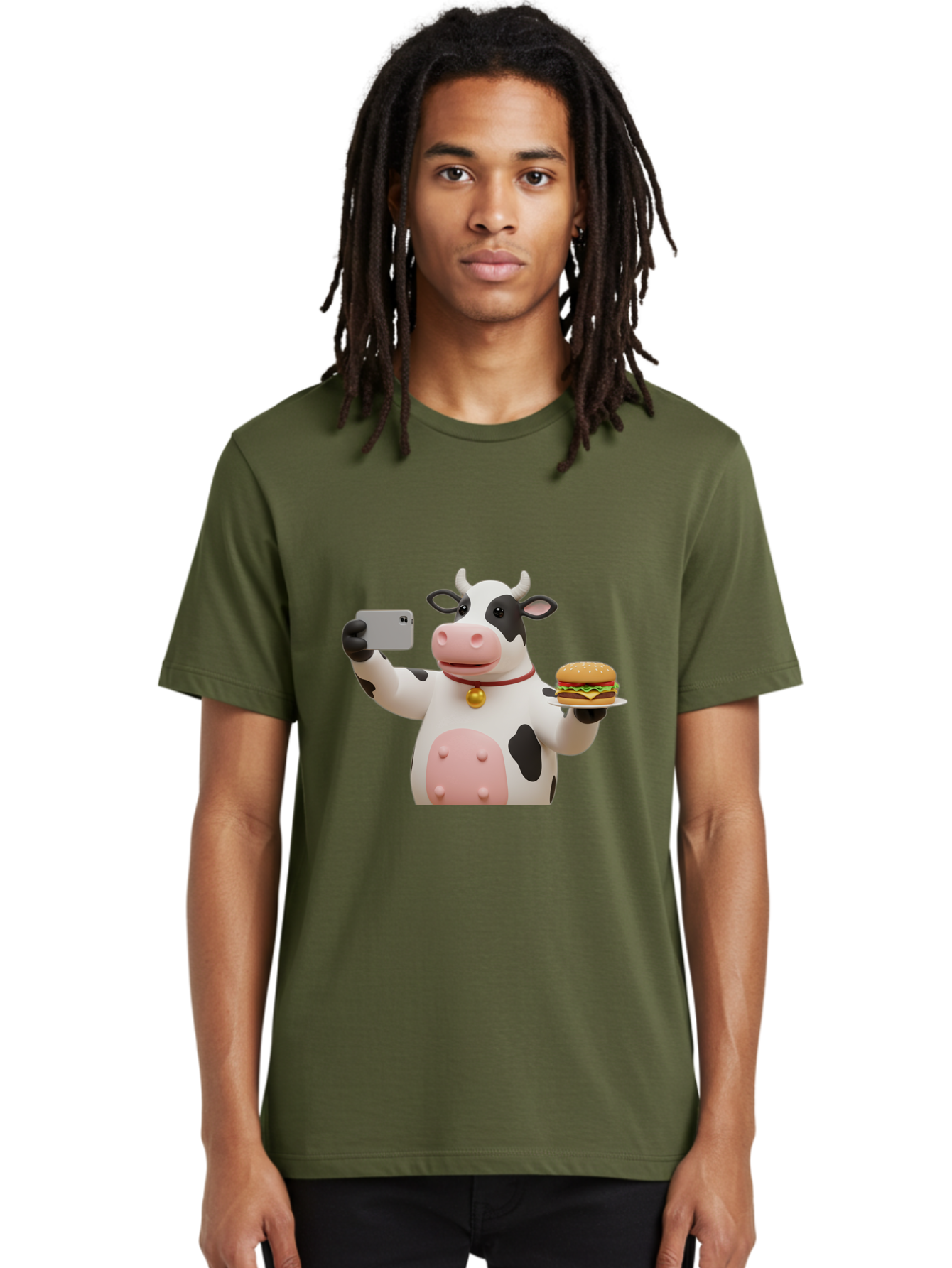 Cow-Taking-Selfie-With-Burger-1 Men'S Graphic Tee, 100% Cotton, Comfortable Casual Summer Wear, Machine Washable, Vintage Camera, Old Camera, Antique Camera, Black Camera, Classic Photography, Photography Equipment, Nostalgic Device, Bah812