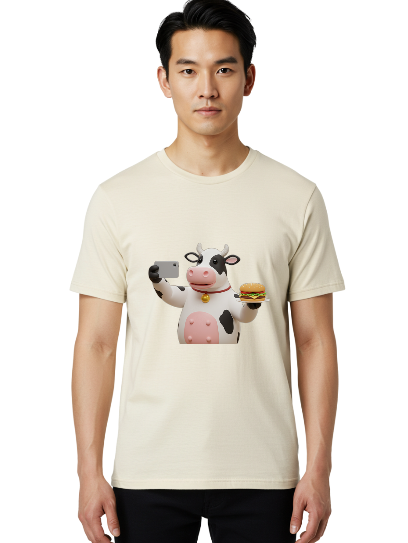Cow-Taking-Selfie-With-Burger-1 Men'S Graphic Tee, 100% Cotton, Comfortable Casual Summer Wear, Machine Washable, Vintage Camera, Old Camera, Antique Camera, Black Camera, Classic Photography, Photography Equipment, Nostalgic Device, Bah812