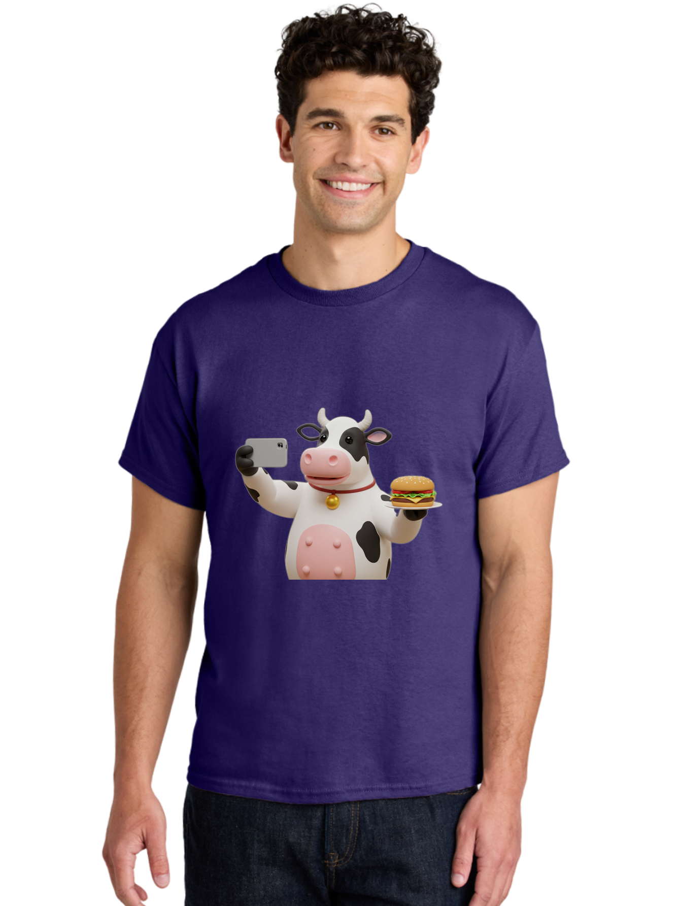 Cow-Taking-Selfie-With-Burger-1 Men'S Graphic Tee, 100% Cotton, Comfortable Casual Summer Wear, Machine Washable, Vintage Camera, Old Camera, Antique Camera, Black Camera, Classic Photography, Photography Equipment, Nostalgic Device, Bah812