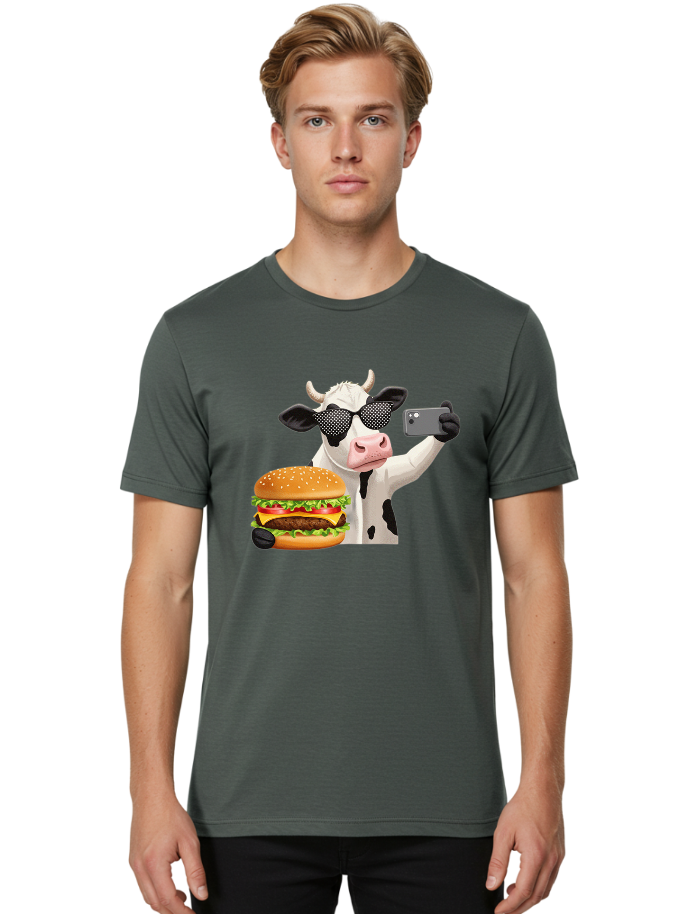 Cow-Taking-Selfie-With-Burger Men'S Graphic Tee, 100% Cotton, Comfortable Casual Summer Wear, Machine Washable, Vintage Camera, Old Camera, Antique Camera, Black Camera, Classic Photography, Photography Equipment, Nostalgic Device, Bah813