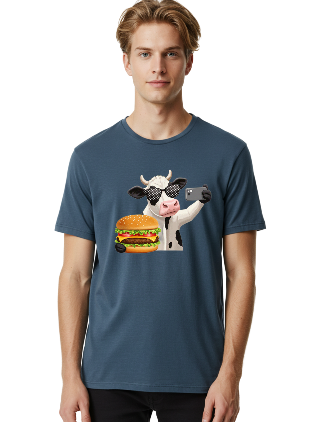 Cow-Taking-Selfie-With-Burger Men'S Graphic Tee, 100% Cotton, Comfortable Casual Summer Wear, Machine Washable, Vintage Camera, Old Camera, Antique Camera, Black Camera, Classic Photography, Photography Equipment, Nostalgic Device, Bah813