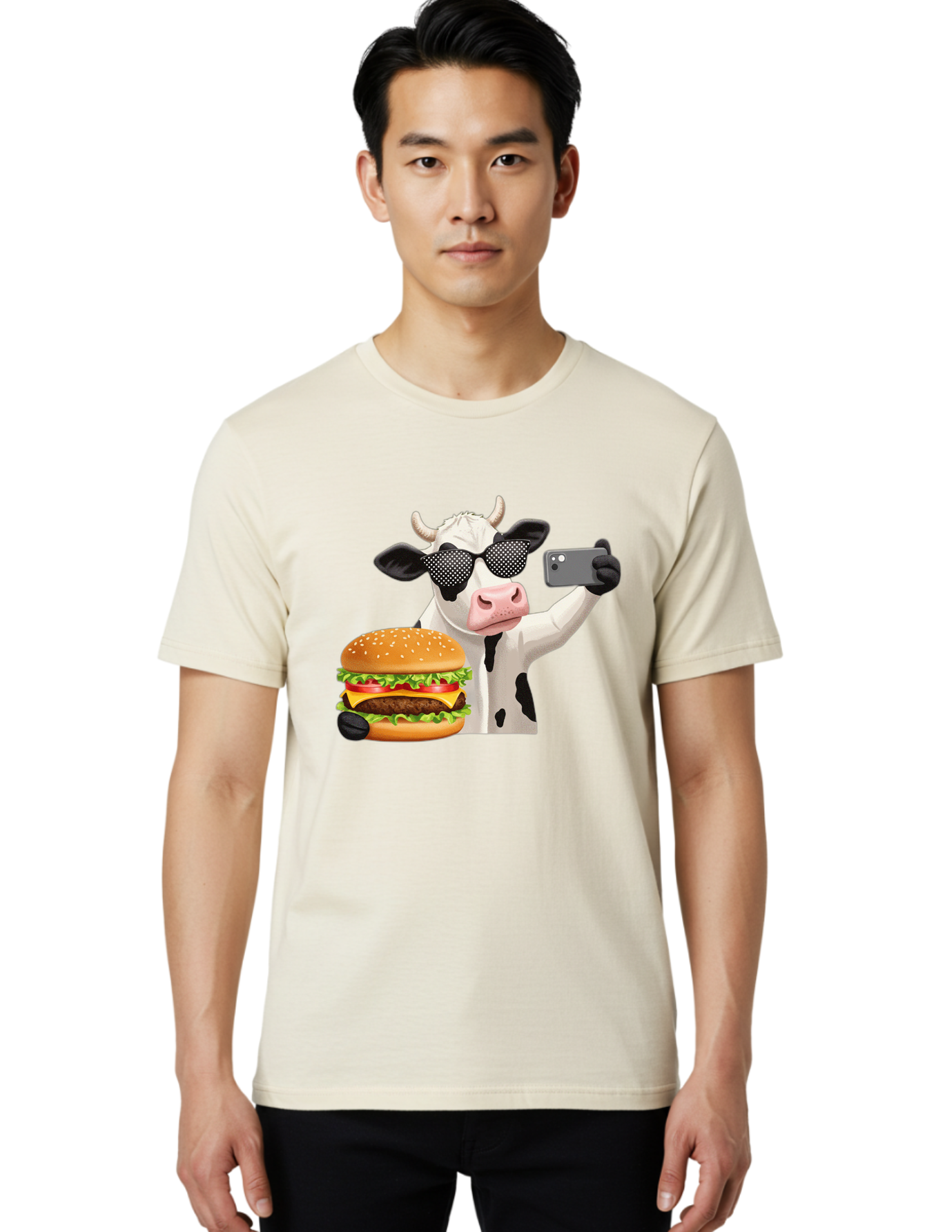 Cow-Taking-Selfie-With-Burger Men'S Graphic Tee, 100% Cotton, Comfortable Casual Summer Wear, Machine Washable, Vintage Camera, Old Camera, Antique Camera, Black Camera, Classic Photography, Photography Equipment, Nostalgic Device, Bah813