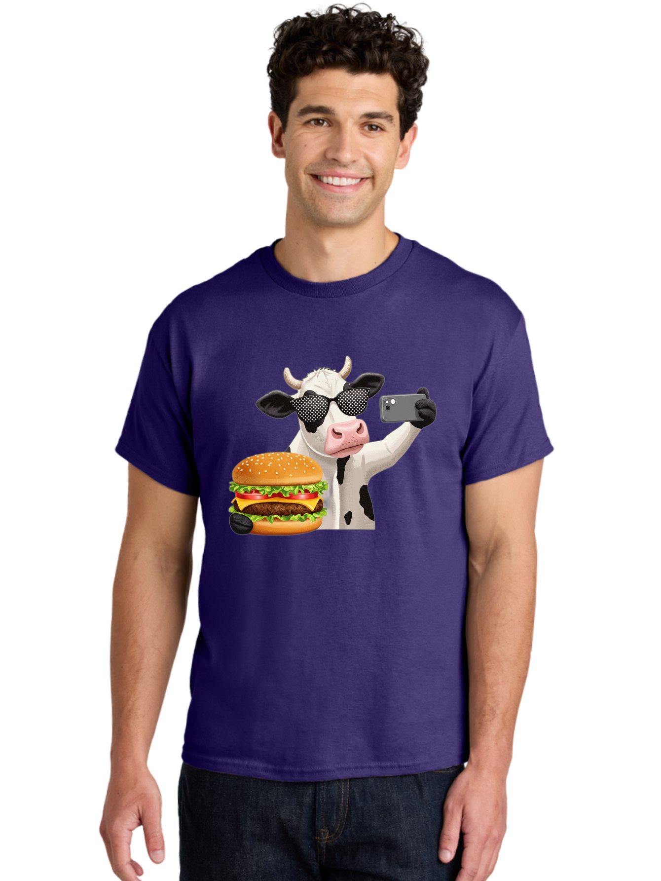 Cow-Taking-Selfie-With-Burger Men'S Graphic Tee, 100% Cotton, Comfortable Casual Summer Wear, Machine Washable, Vintage Camera, Old Camera, Antique Camera, Black Camera, Classic Photography, Photography Equipment, Nostalgic Device, Bah813
