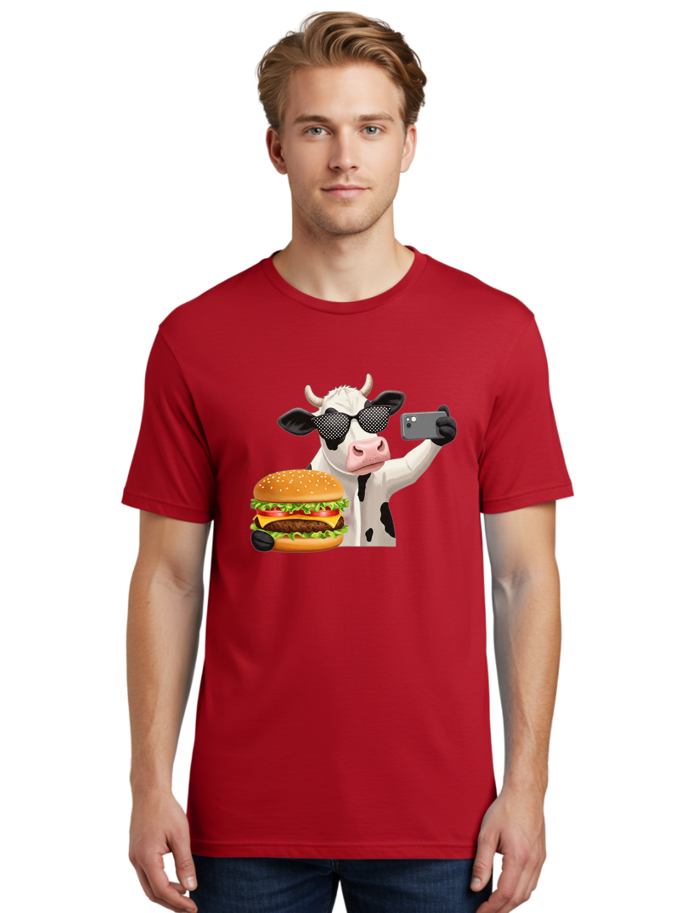 Cow-Taking-Selfie-With-Burger Men'S Graphic Tee, 100% Cotton, Comfortable Casual Summer Wear, Machine Washable, Vintage Camera, Old Camera, Antique Camera, Black Camera, Classic Photography, Photography Equipment, Nostalgic Device, Bah813