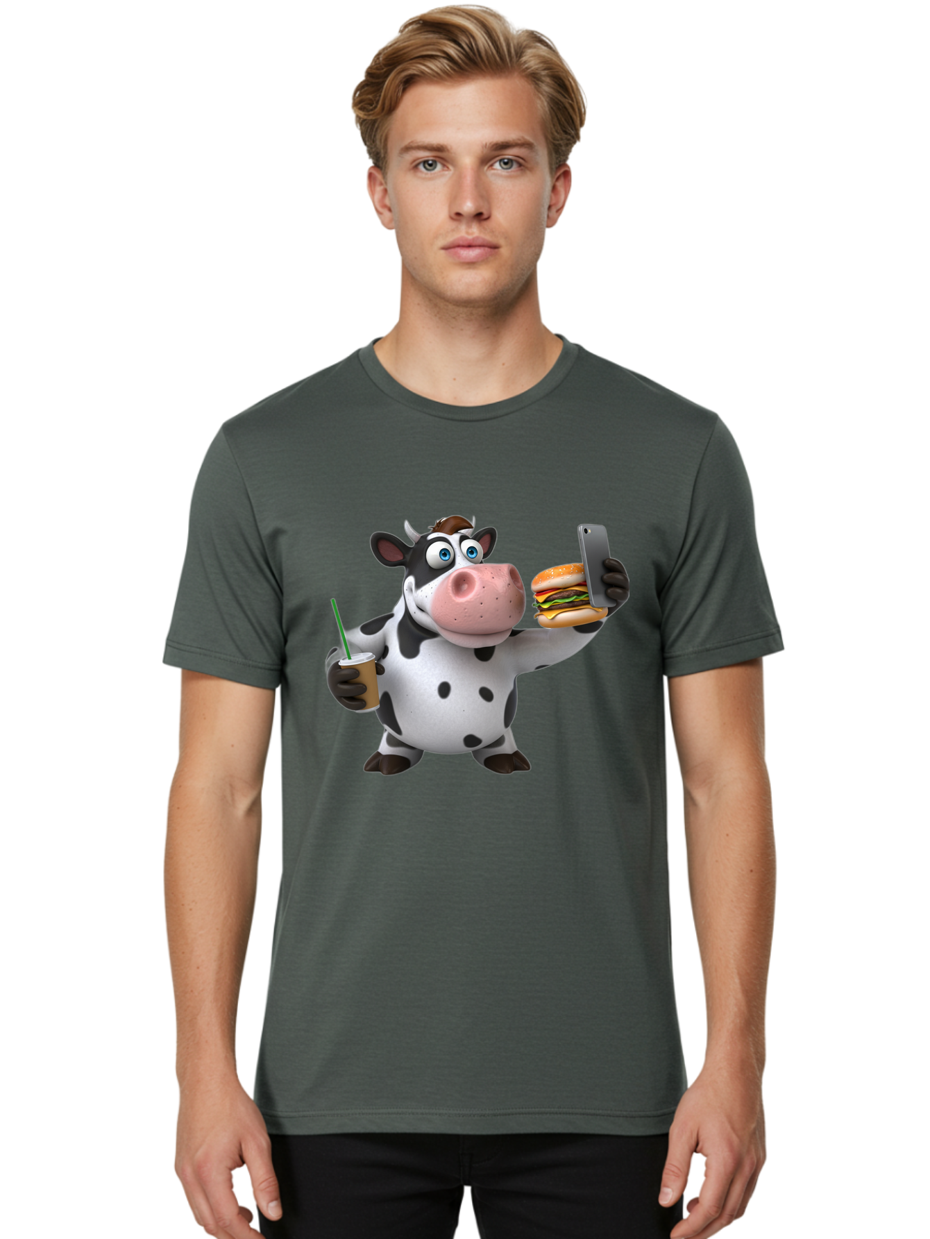 Cow-Taking-Selfie Men'S Graphic Tee, 100% Cotton, Comfortable Casual Summer Wear, Machine Washable, Vintage Camera, Old Camera, Antique Camera, Black Camera, Classic Photography, Photography Equipment, Nostalgic Device, Film Camera, Camera Art Bah814