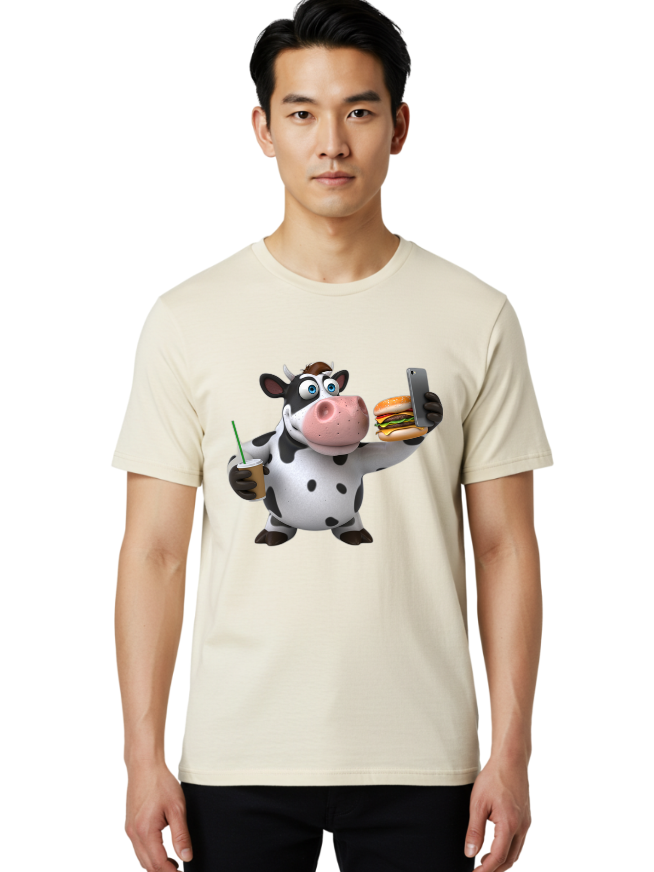 Cow-Taking-Selfie Men'S Graphic Tee, 100% Cotton, Comfortable Casual Summer Wear, Machine Washable, Vintage Camera, Old Camera, Antique Camera, Black Camera, Classic Photography, Photography Equipment, Nostalgic Device, Film Camera, Camera Art Bah814