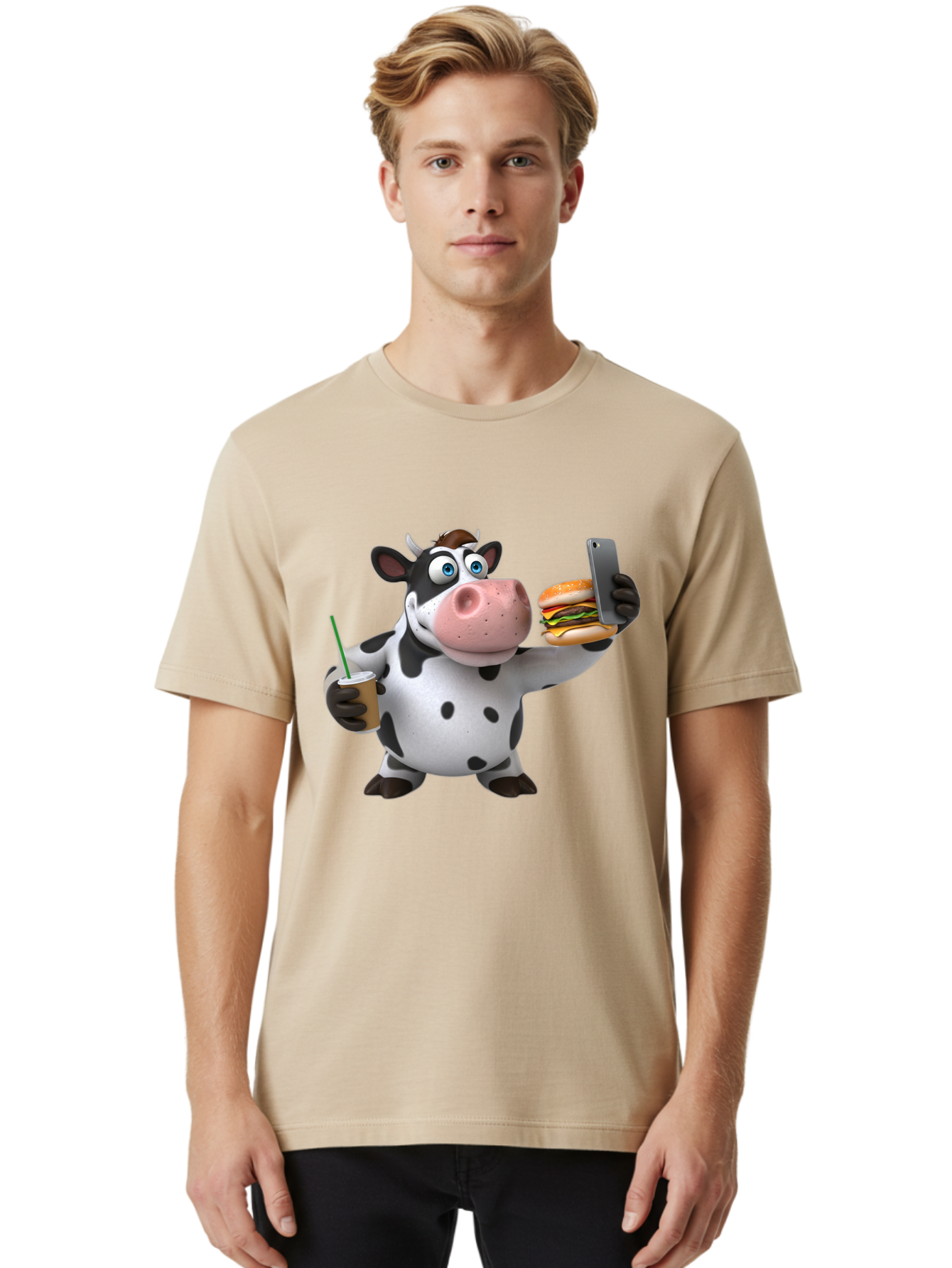 Cow-Taking-Selfie Men'S Graphic Tee, 100% Cotton, Comfortable Casual Summer Wear, Machine Washable, Vintage Camera, Old Camera, Antique Camera, Black Camera, Classic Photography, Photography Equipment, Nostalgic Device, Film Camera, Camera Art Bah814