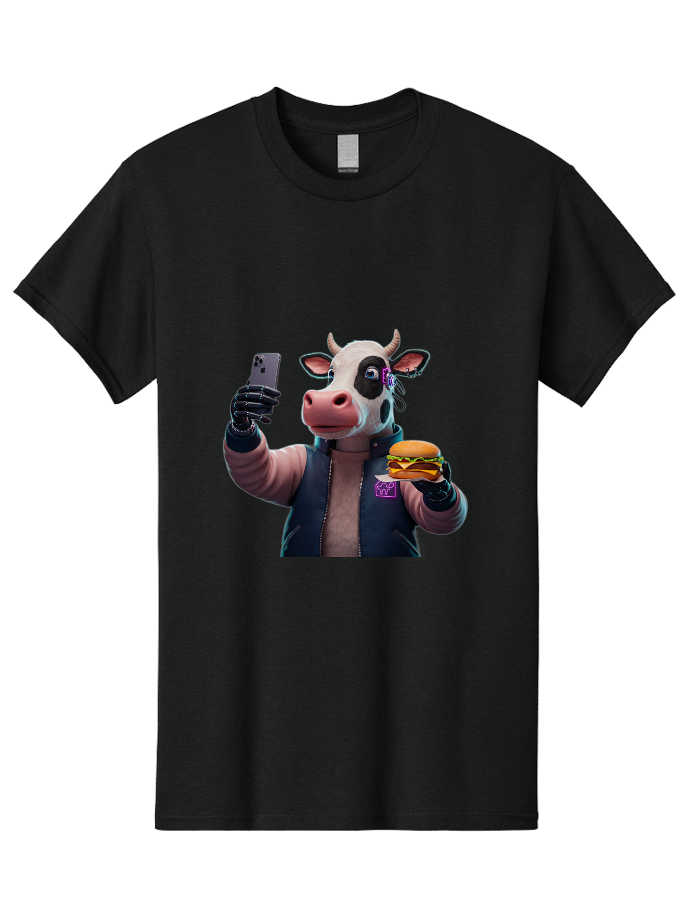 Cow-Wearing-Black-Vest-Holding-Cheeseburger-And-Iphone Men'S Graphic Tee, 100% Cotton, Comfortable Casual Summer Wear, Machine Washable, Vintage Camera, Old Camera, Antique Camera, Black Camera, Classic Photography, Photography Equipment, Bah816