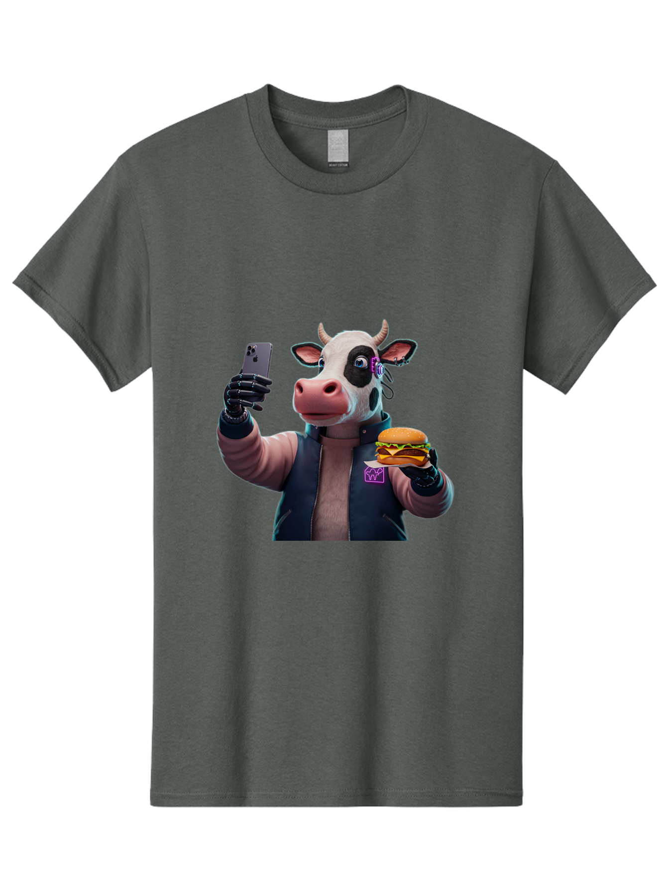 Cow-Wearing-Black-Vest-Holding-Cheeseburger-And-Iphone Men'S Graphic Tee, 100% Cotton, Comfortable Casual Summer Wear, Machine Washable, Vintage Camera, Old Camera, Antique Camera, Black Camera, Classic Photography, Photography Equipment, Bah816