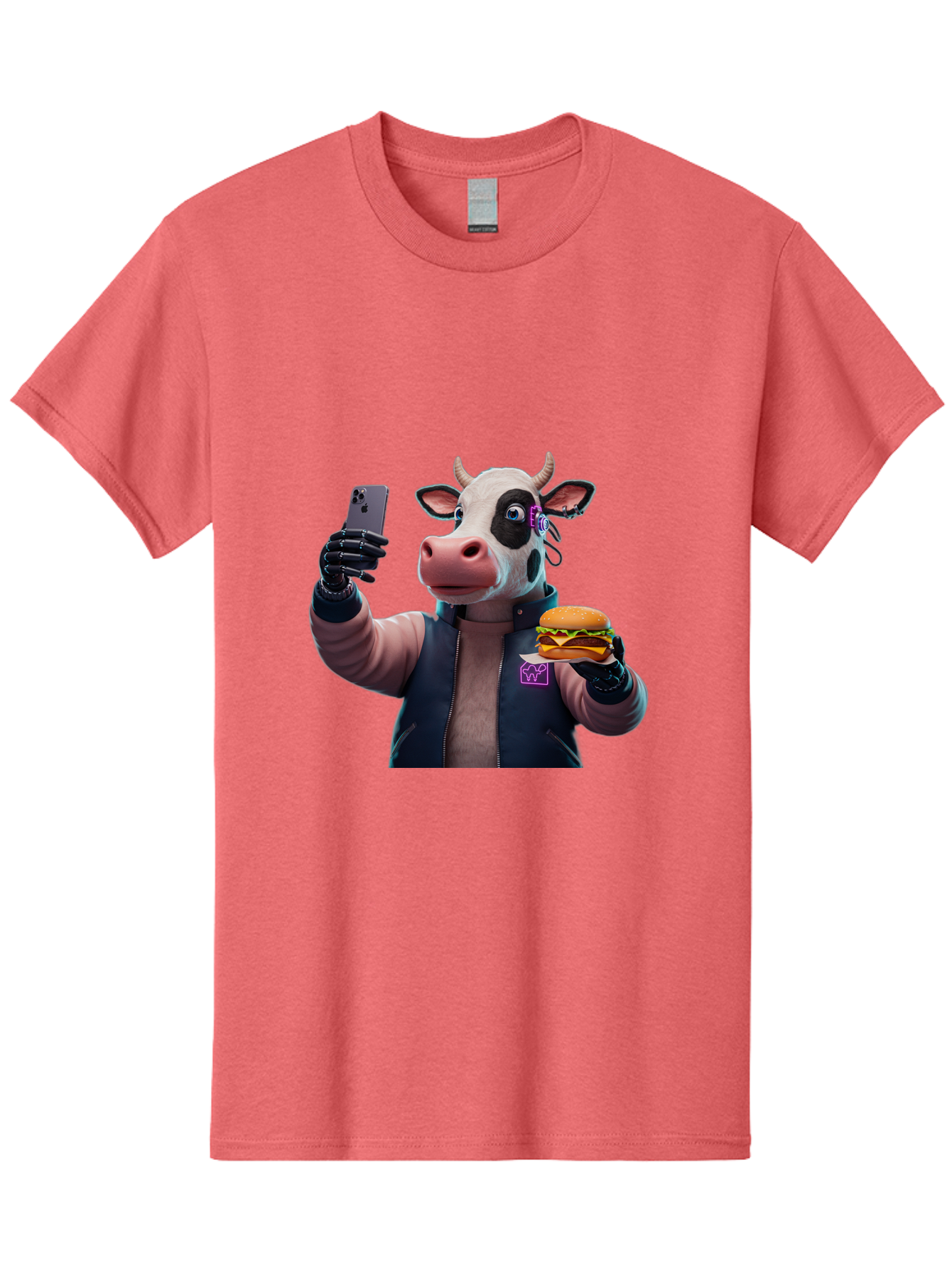 Cow-Wearing-Black-Vest-Holding-Cheeseburger-And-Iphone Men'S Graphic Tee, 100% Cotton, Comfortable Casual Summer Wear, Machine Washable, Vintage Camera, Old Camera, Antique Camera, Black Camera, Classic Photography, Photography Equipment, Bah816