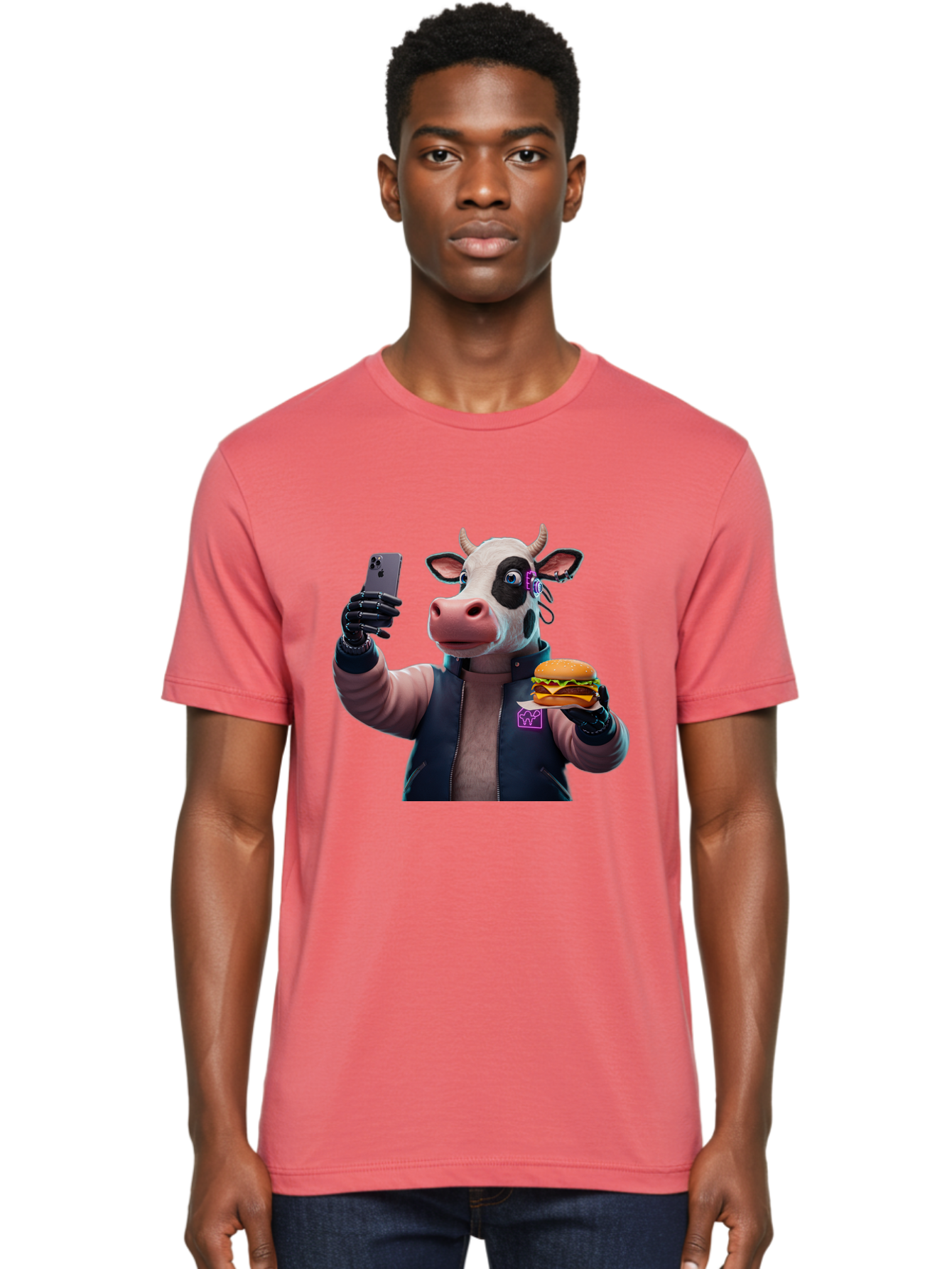 Cow-Wearing-Black-Vest-Holding-Cheeseburger-And-Iphone Men'S Graphic Tee, 100% Cotton, Comfortable Casual Summer Wear, Machine Washable, Vintage Camera, Old Camera, Antique Camera, Black Camera, Classic Photography, Photography Equipment, Bah816