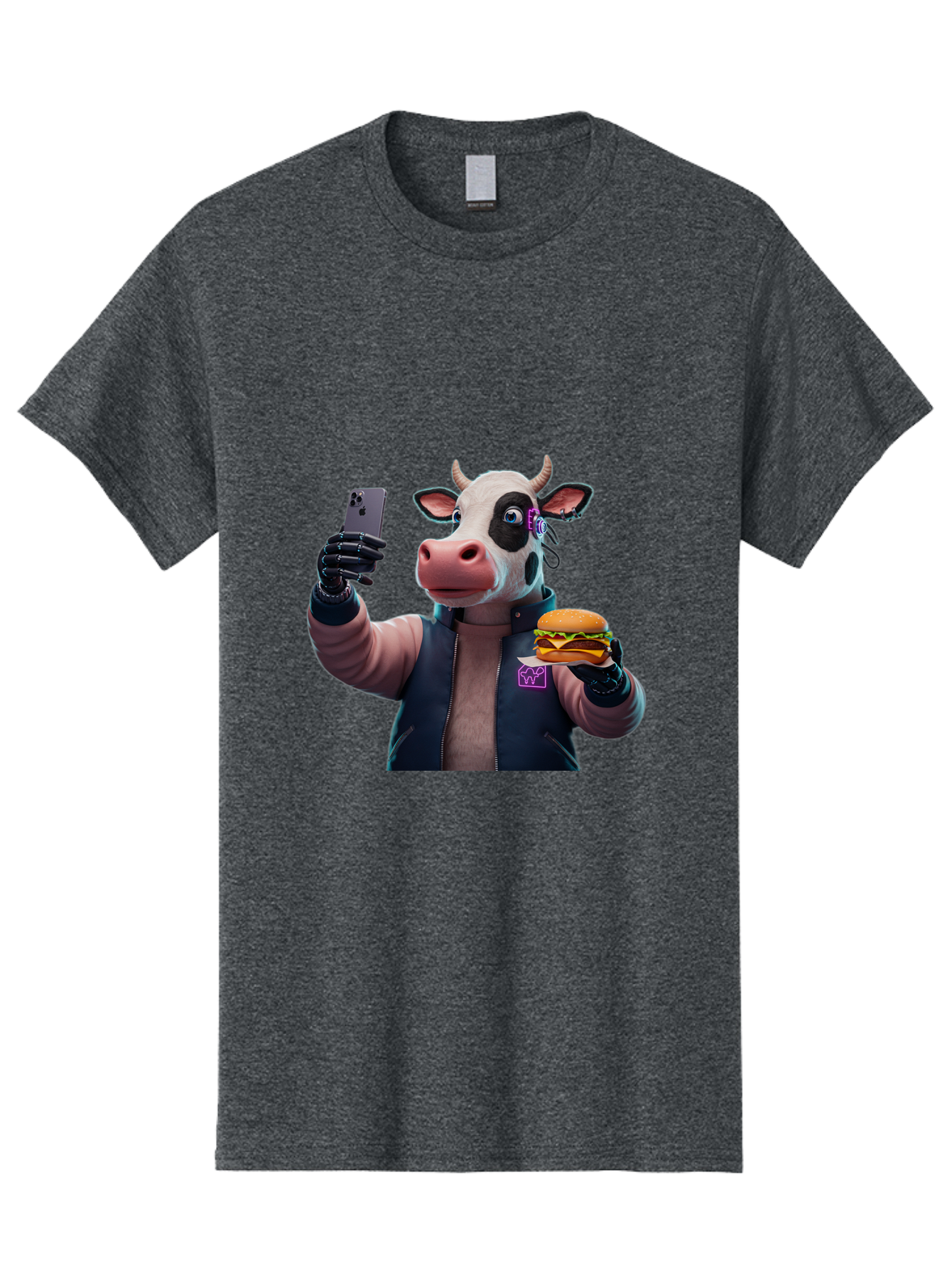 Cow-Wearing-Black-Vest-Holding-Cheeseburger-And-Iphone Men'S Graphic Tee, 100% Cotton, Comfortable Casual Summer Wear, Machine Washable, Vintage Camera, Old Camera, Antique Camera, Black Camera, Classic Photography, Photography Equipment, Bah816