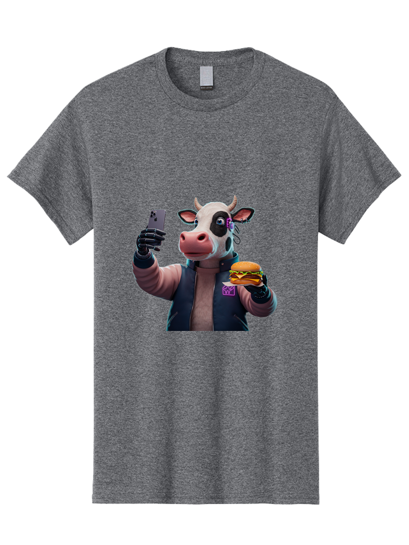Cow-Wearing-Black-Vest-Holding-Cheeseburger-And-Iphone Men'S Graphic Tee, 100% Cotton, Comfortable Casual Summer Wear, Machine Washable, Vintage Camera, Old Camera, Antique Camera, Black Camera, Classic Photography, Photography Equipment, Bah816