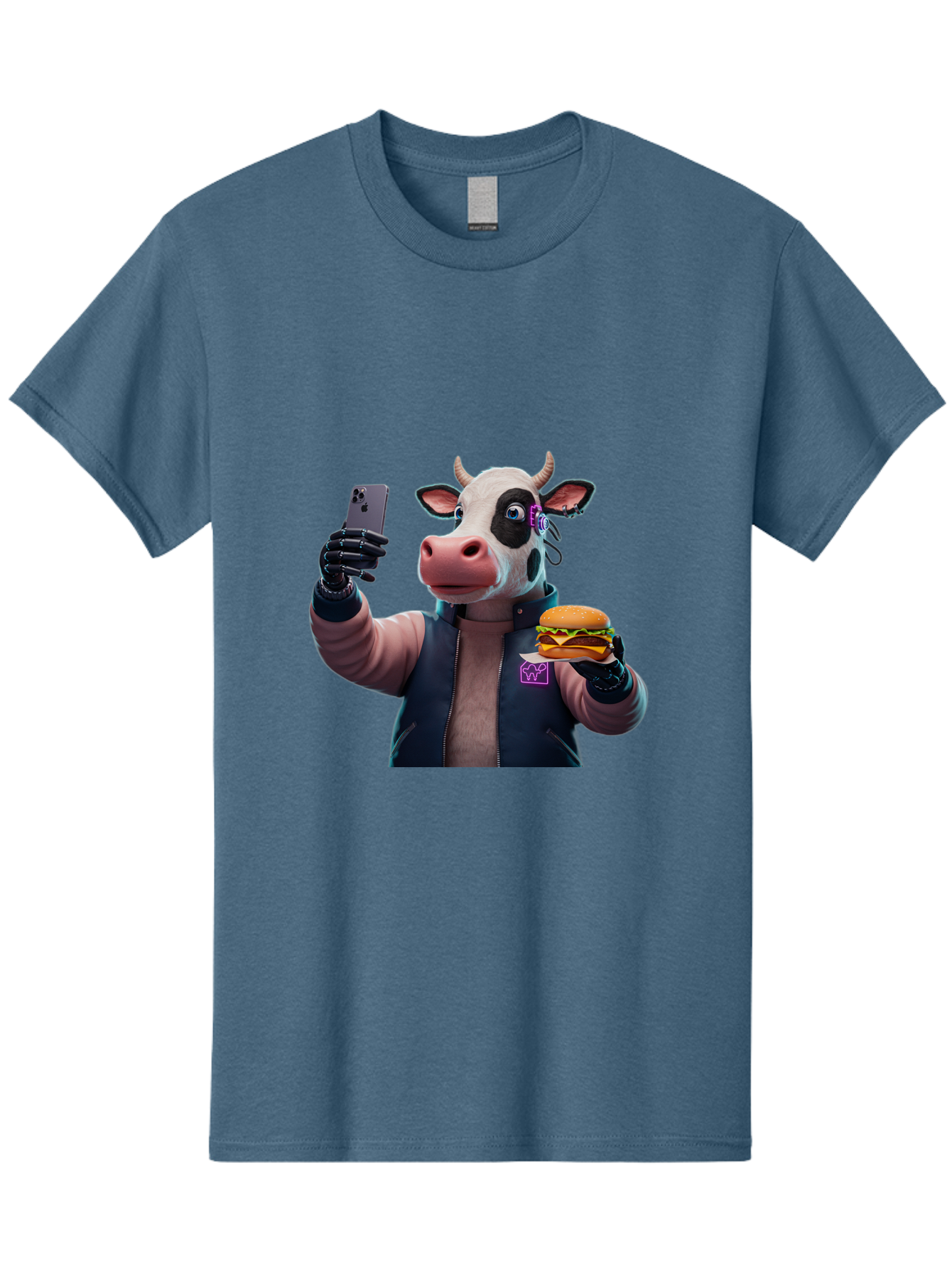 Cow-Wearing-Black-Vest-Holding-Cheeseburger-And-Iphone Men'S Graphic Tee, 100% Cotton, Comfortable Casual Summer Wear, Machine Washable, Vintage Camera, Old Camera, Antique Camera, Black Camera, Classic Photography, Photography Equipment, Bah816