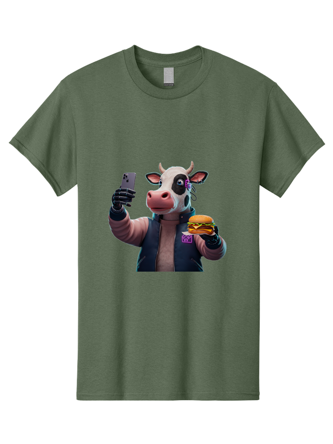 Cow-Wearing-Black-Vest-Holding-Cheeseburger-And-Iphone Men'S Graphic Tee, 100% Cotton, Comfortable Casual Summer Wear, Machine Washable, Vintage Camera, Old Camera, Antique Camera, Black Camera, Classic Photography, Photography Equipment, Bah816