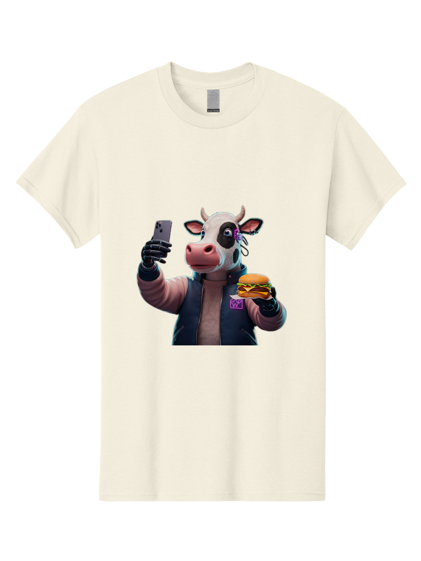 Cow-Wearing-Black-Vest-Holding-Cheeseburger-And-Iphone Men'S Graphic Tee, 100% Cotton, Comfortable Casual Summer Wear, Machine Washable, Vintage Camera, Old Camera, Antique Camera, Black Camera, Classic Photography, Photography Equipment, Bah816