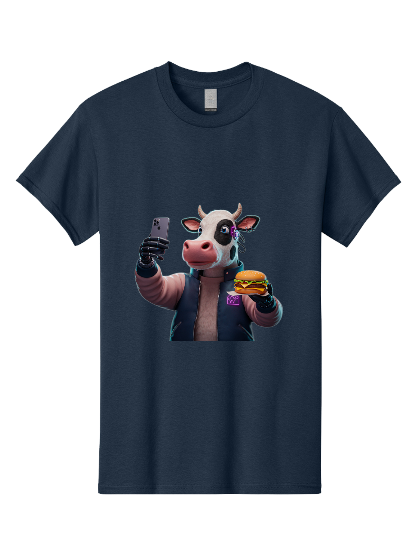 Cow-Wearing-Black-Vest-Holding-Cheeseburger-And-Iphone Men'S Graphic Tee, 100% Cotton, Comfortable Casual Summer Wear, Machine Washable, Vintage Camera, Old Camera, Antique Camera, Black Camera, Classic Photography, Photography Equipment, Bah816