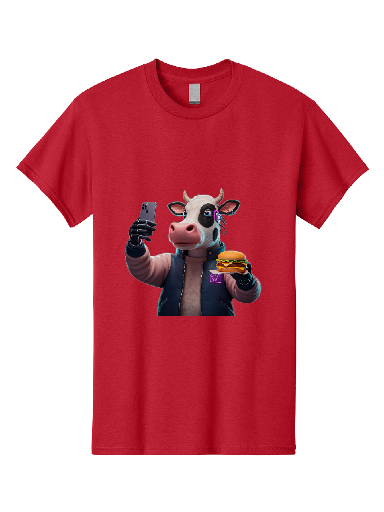 Cow-Wearing-Black-Vest-Holding-Cheeseburger-And-Iphone Men'S Graphic Tee, 100% Cotton, Comfortable Casual Summer Wear, Machine Washable, Vintage Camera, Old Camera, Antique Camera, Black Camera, Classic Photography, Photography Equipment, Bah816