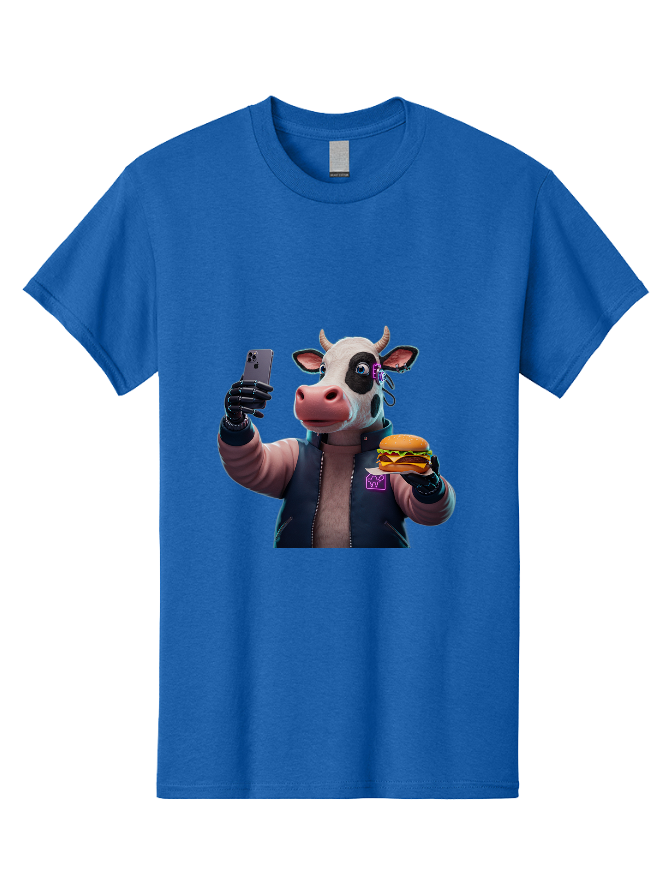Cow-Wearing-Black-Vest-Holding-Cheeseburger-And-Iphone Men'S Graphic Tee, 100% Cotton, Comfortable Casual Summer Wear, Machine Washable, Vintage Camera, Old Camera, Antique Camera, Black Camera, Classic Photography, Photography Equipment, Bah816