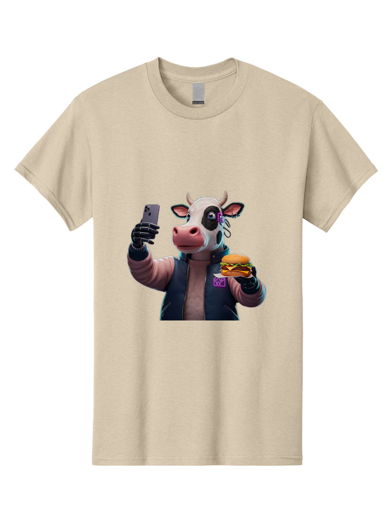 Cow-Wearing-Black-Vest-Holding-Cheeseburger-And-Iphone Men'S Graphic Tee, 100% Cotton, Comfortable Casual Summer Wear, Machine Washable, Vintage Camera, Old Camera, Antique Camera, Black Camera, Classic Photography, Photography Equipment, Bah816