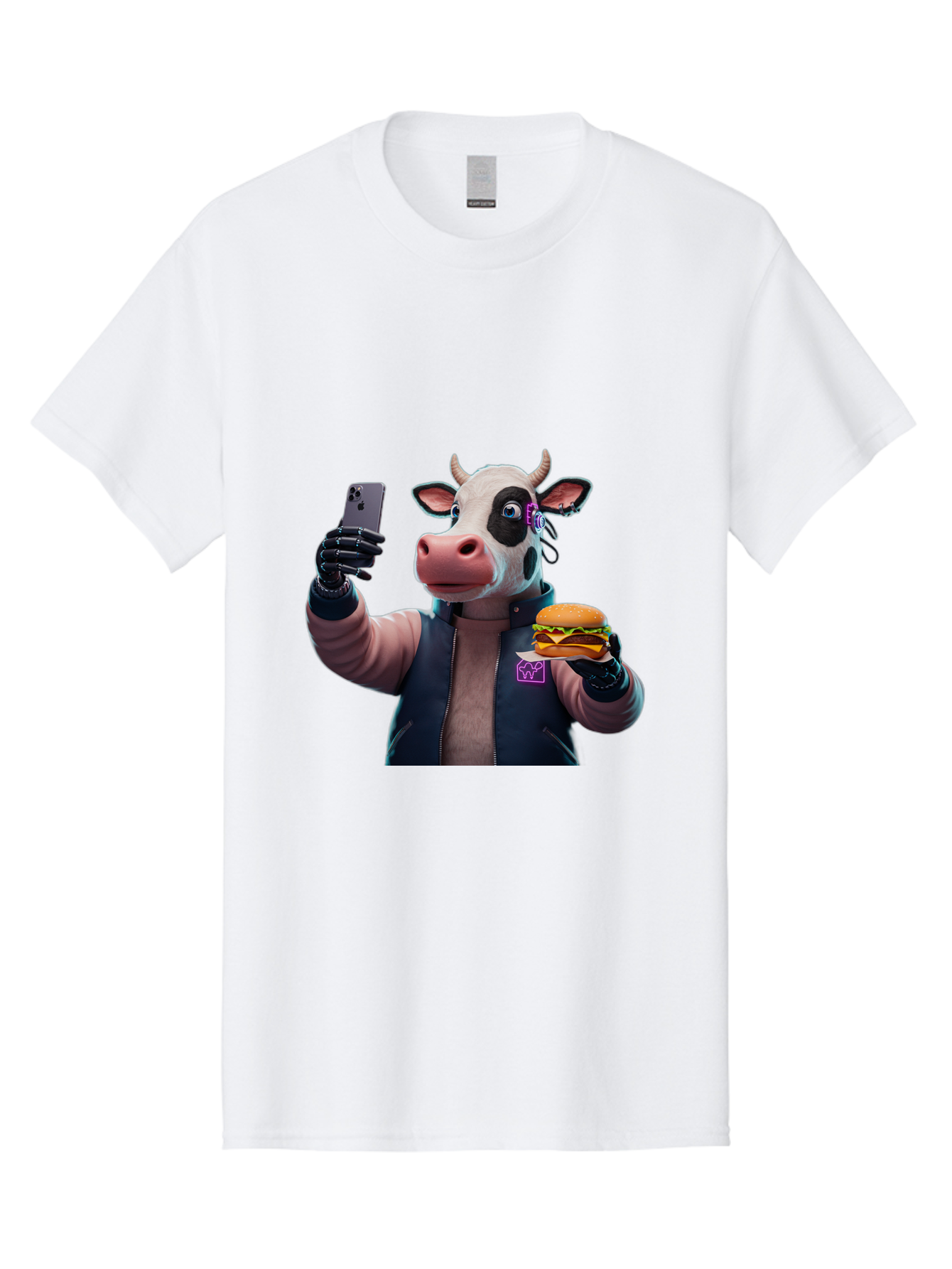 Cow-Wearing-Black-Vest-Holding-Cheeseburger-And-Iphone Men'S Graphic Tee, 100% Cotton, Comfortable Casual Summer Wear, Machine Washable, Vintage Camera, Old Camera, Antique Camera, Black Camera, Classic Photography, Photography Equipment, Bah816