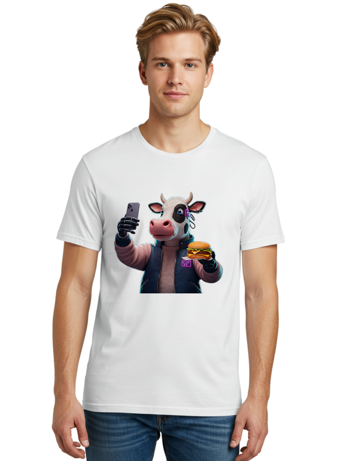 Cow-Wearing-Black-Vest-Holding-Cheeseburger-And-Iphone Men'S Graphic Tee, 100% Cotton, Comfortable Casual Summer Wear, Machine Washable, Vintage Camera, Old Camera, Antique Camera, Black Camera, Classic Photography, Photography Equipment, Bah816