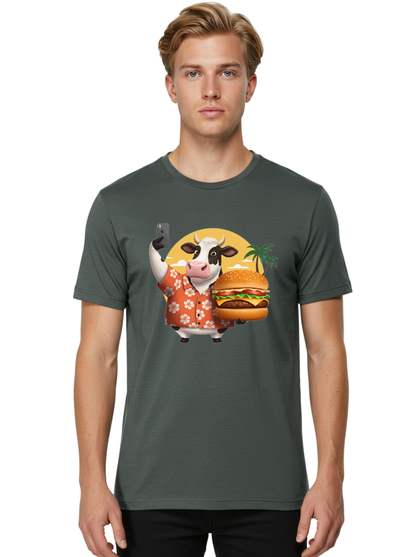 Cow-With-Burger-1 Men'S Graphic Tee, 100% Cotton, Comfortable Casual Summer Wear, Machine Washable, Vintage Camera, Old Camera, Antique Camera, Black Camera, Classic Photography, Photography Equipment, Nostalgic Device, Film Camera, Camera Art Bah817