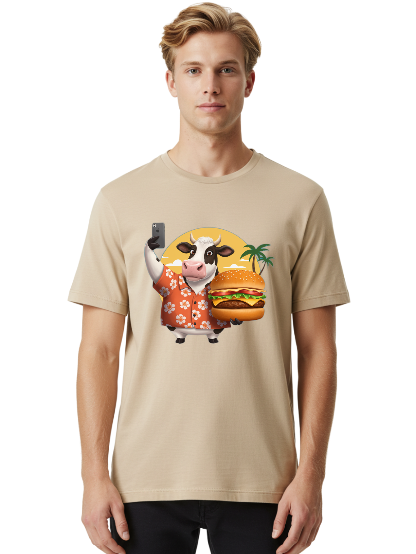 Cow-With-Burger-1 Men'S Graphic Tee, 100% Cotton, Comfortable Casual Summer Wear, Machine Washable, Vintage Camera, Old Camera, Antique Camera, Black Camera, Classic Photography, Photography Equipment, Nostalgic Device, Film Camera, Camera Art Bah817