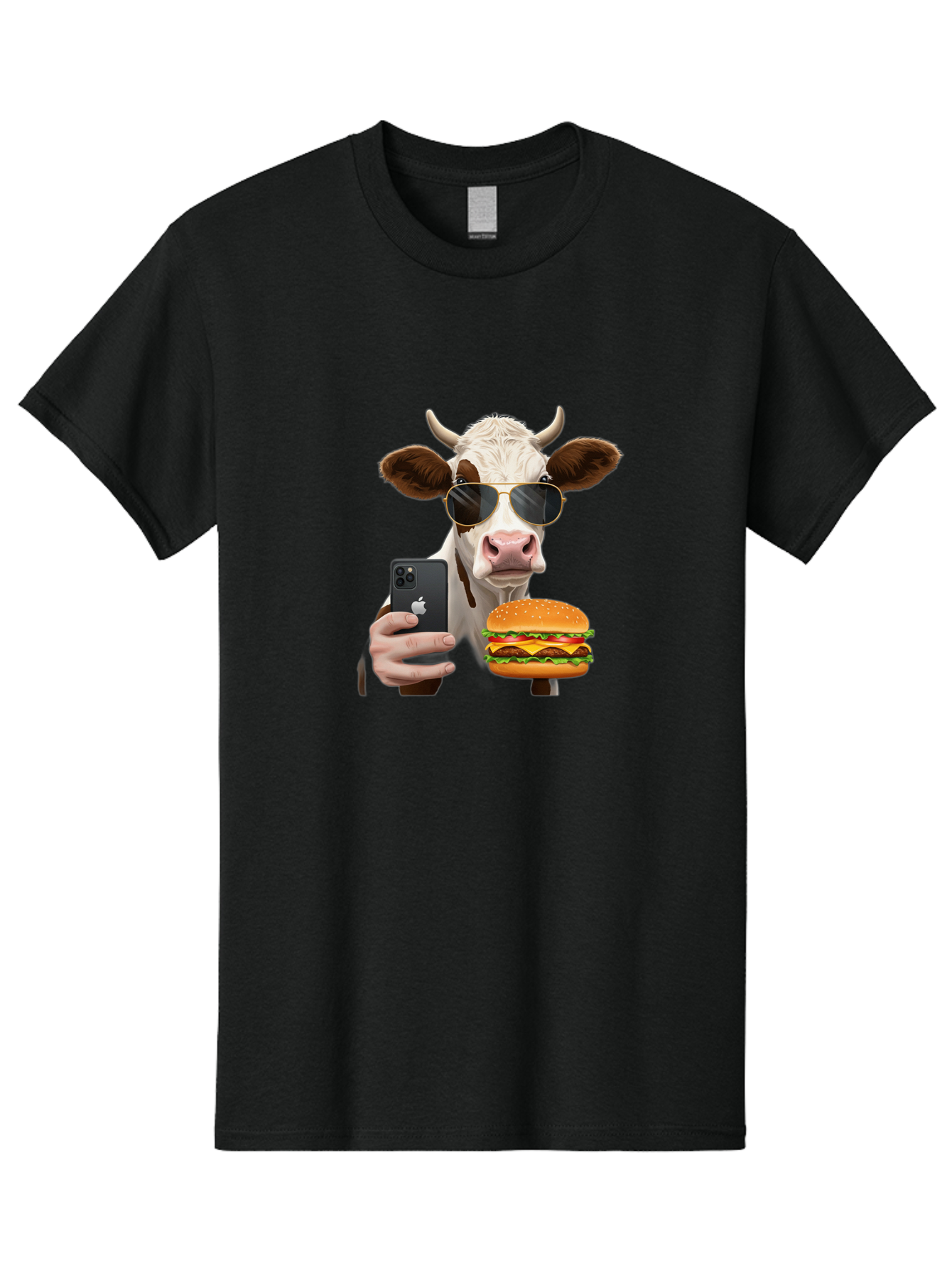 Cow-With-Iphone-And-Burger Men'S Graphic Tee, 100% Cotton, Comfortable Casual Summer Wear, Machine Washable, Vintage Camera, Old Camera, Antique Camera, Black Camera, Classic Photography, Photography Equipment, Nostalgic Device, Film Camera, Bah822